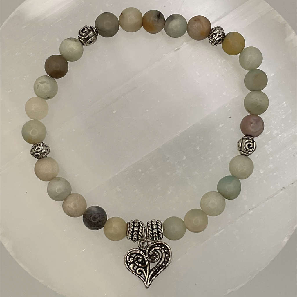 Dendritic Jasper Heart Charm Bracelet with Silver Spacers