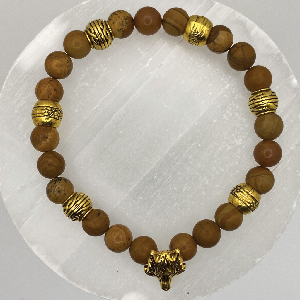 Yellow Jasper Wolf Charm Bracelet with Gold Spacers