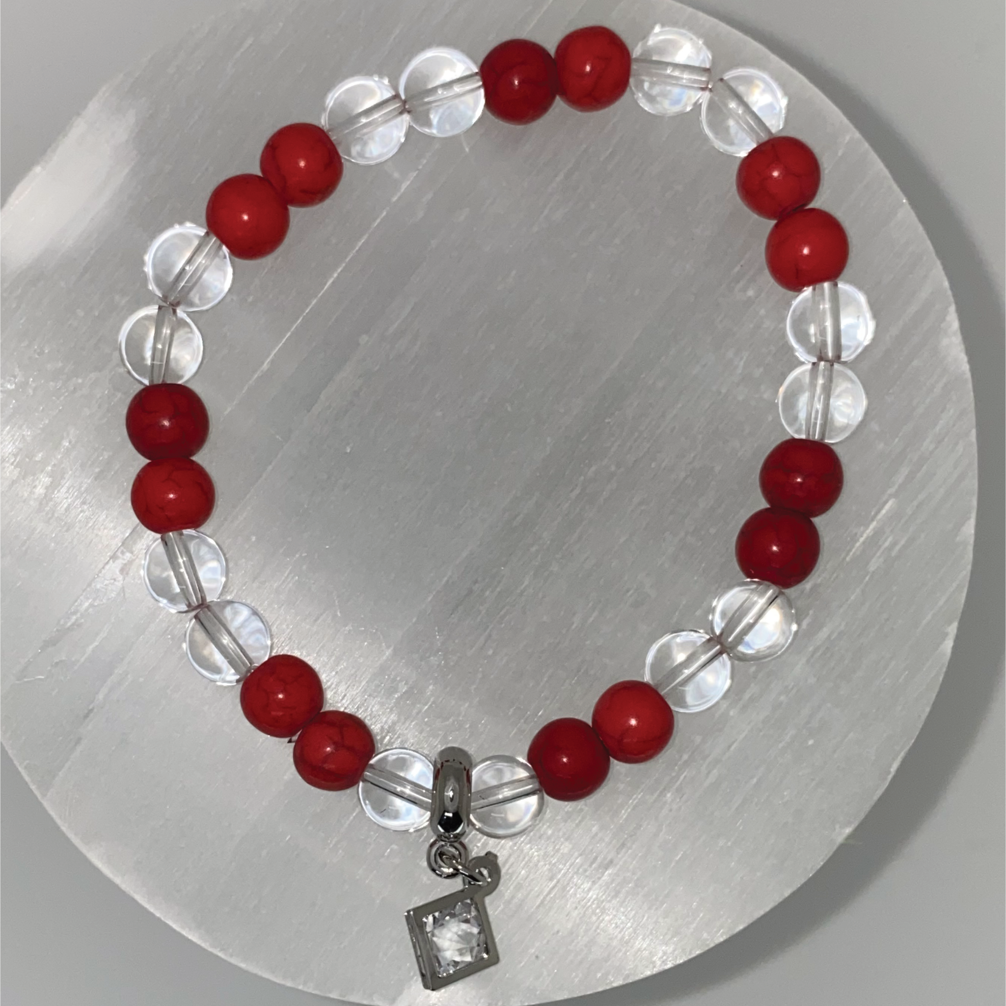 Red Coral Clear Quartz Silver Crystal Charm Bracelet