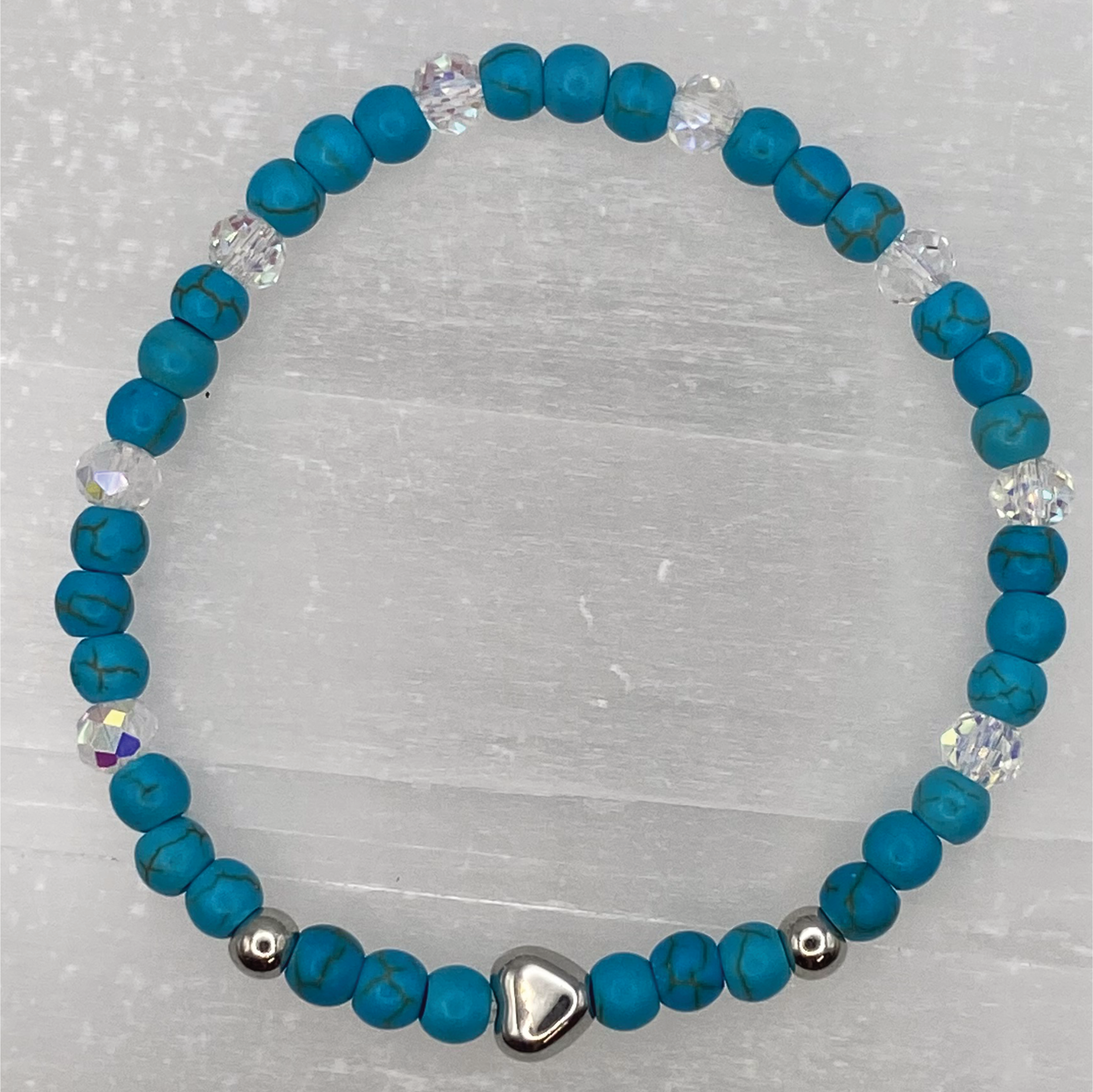 14 cm (5.5") Blue Howlite Crystal Bead Silver Heart Bracelet with Silver Spacers