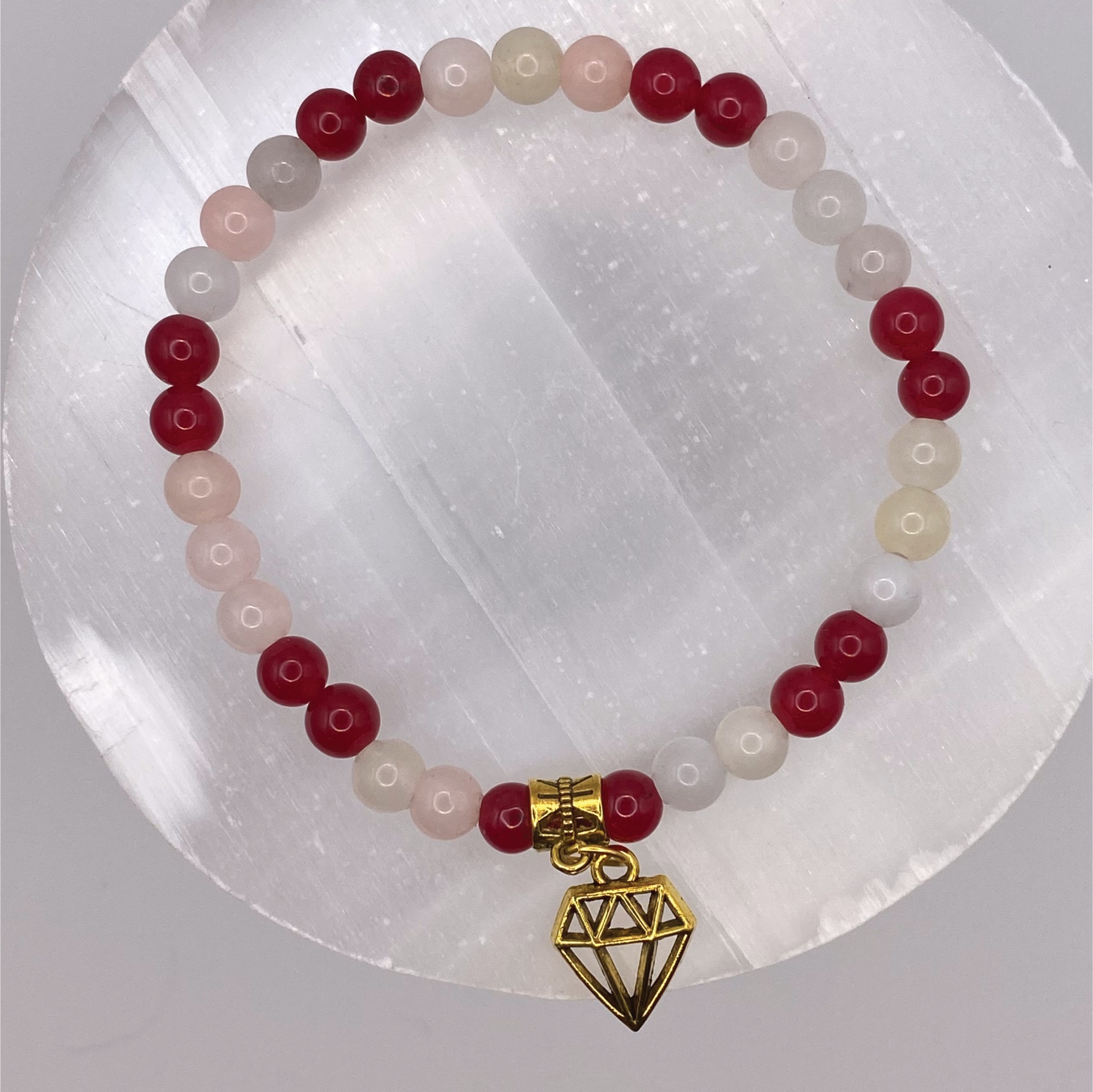 Red Dragon Vein Agate Pink Opal Diamond Charm Bracelet