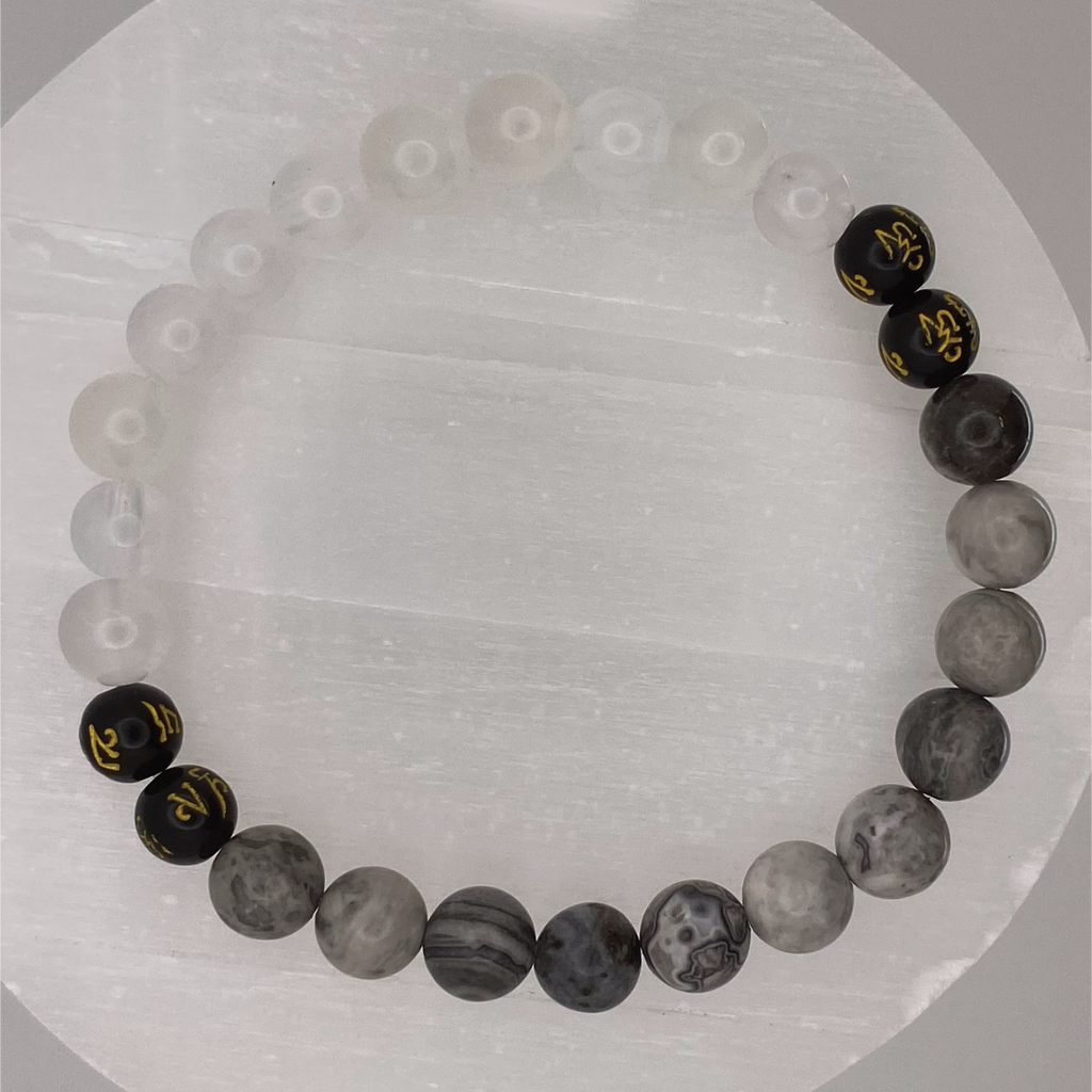 Pulsera Pixiu de Magnesita Gris, Cuarzo Nuboso y Ágata Negra
