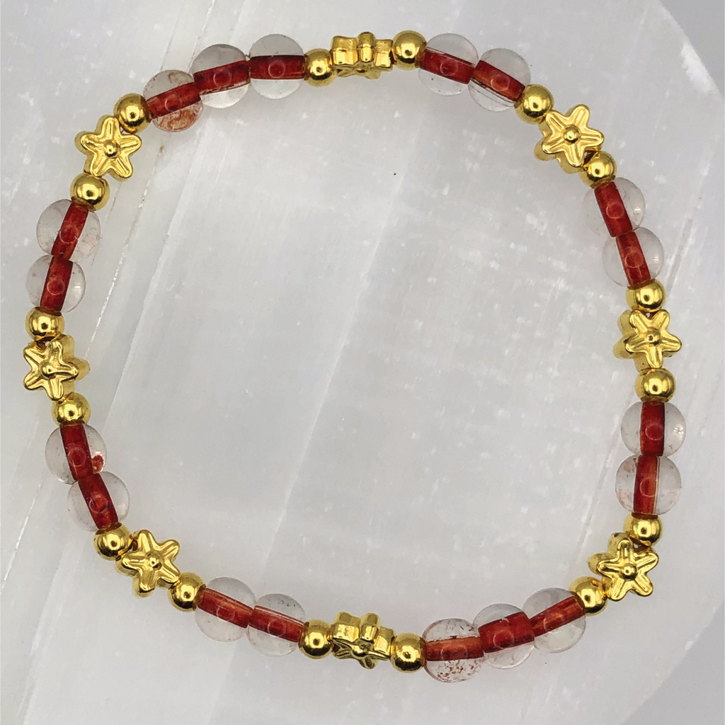Red Clear Glass Gold Stars Bracelet with Gold Spacers
