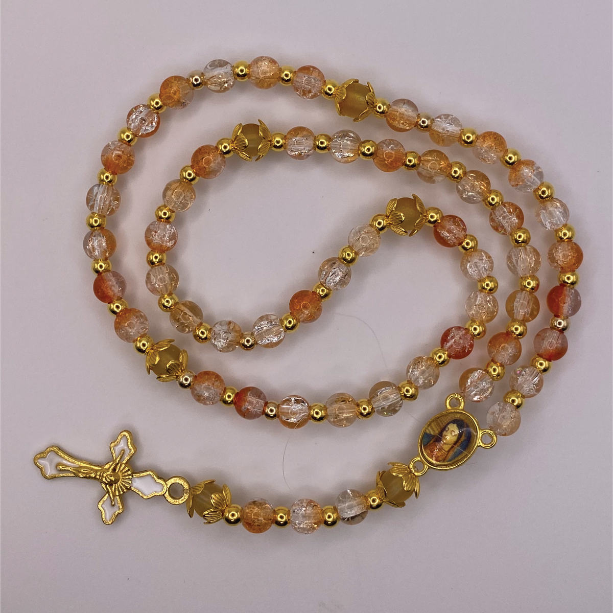 Clear Orange Small Full 5 Decade Gold Rosary