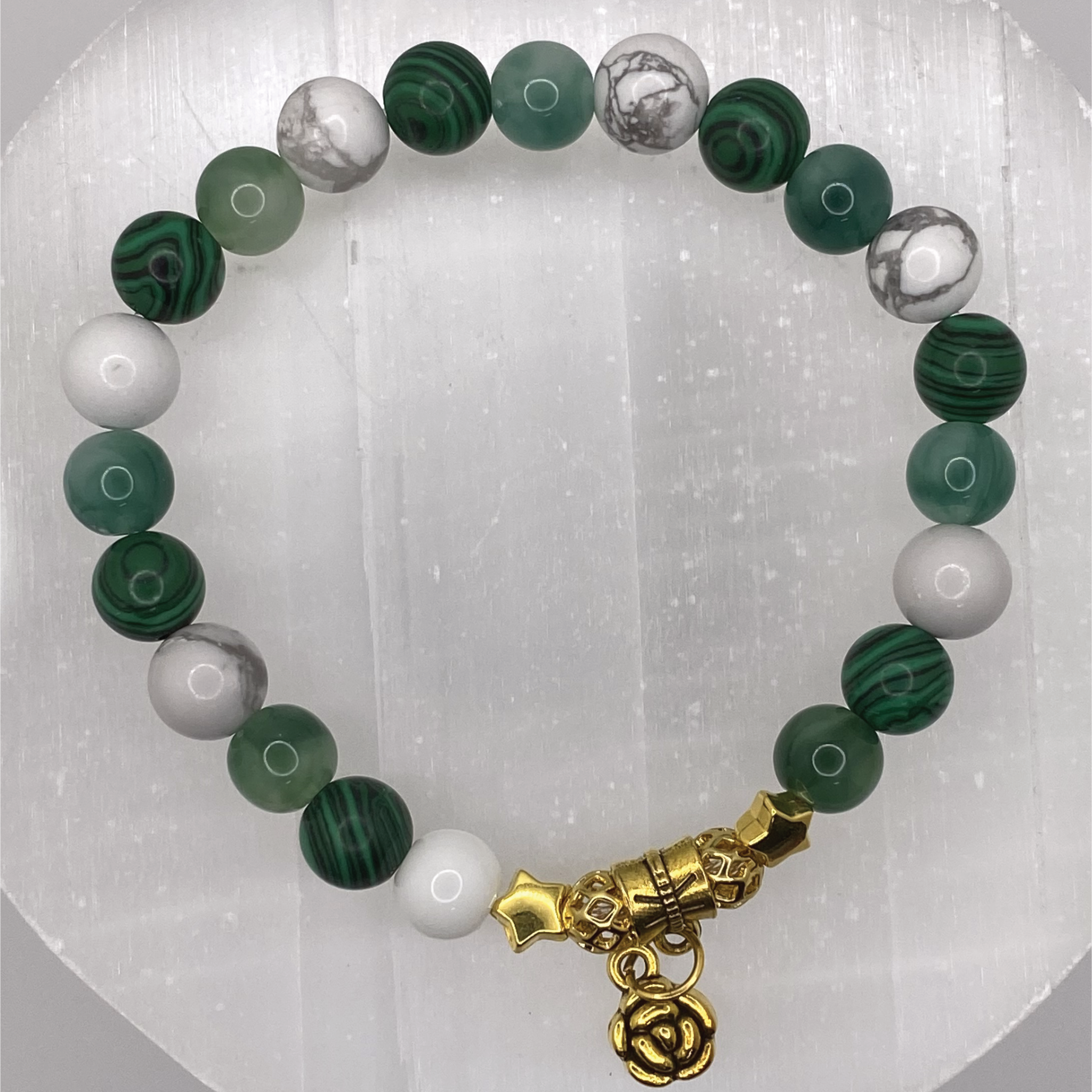 Magnesite Green Chalcedony Malachite Blossom Charm Bracelet with Gold Tone Star Spacers