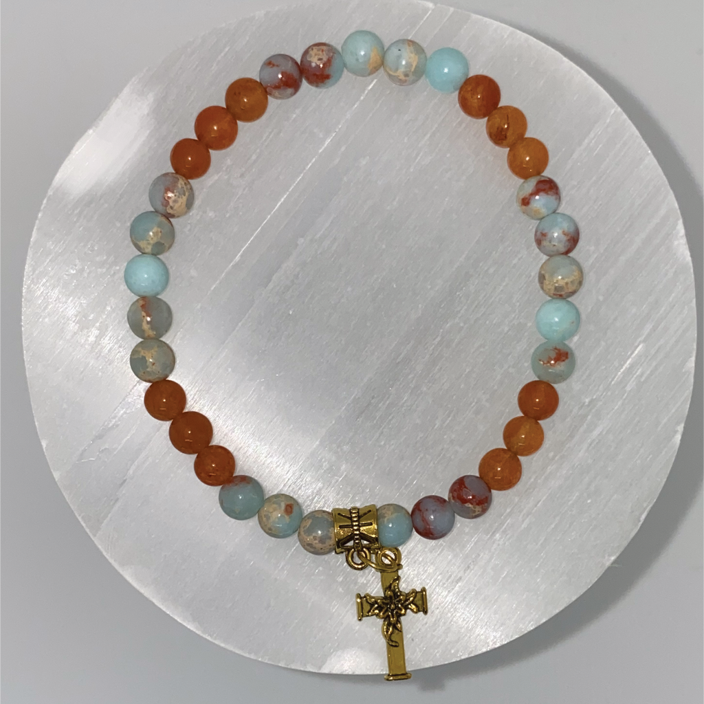 Calcite Carnelian Agate Gold Cross Charm Bracelet