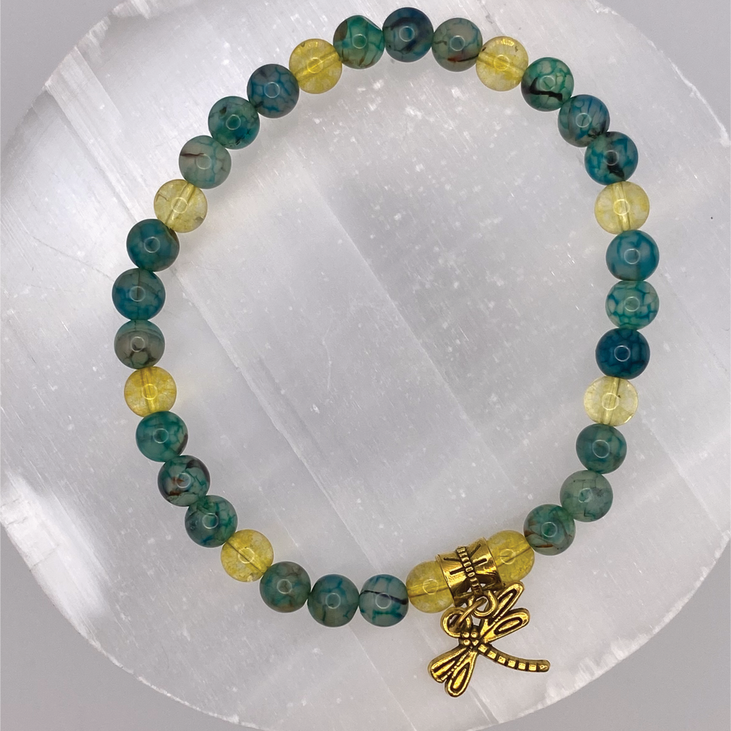 Green Dragon Vein Agate Amber Dragonfly Charm Bracelet