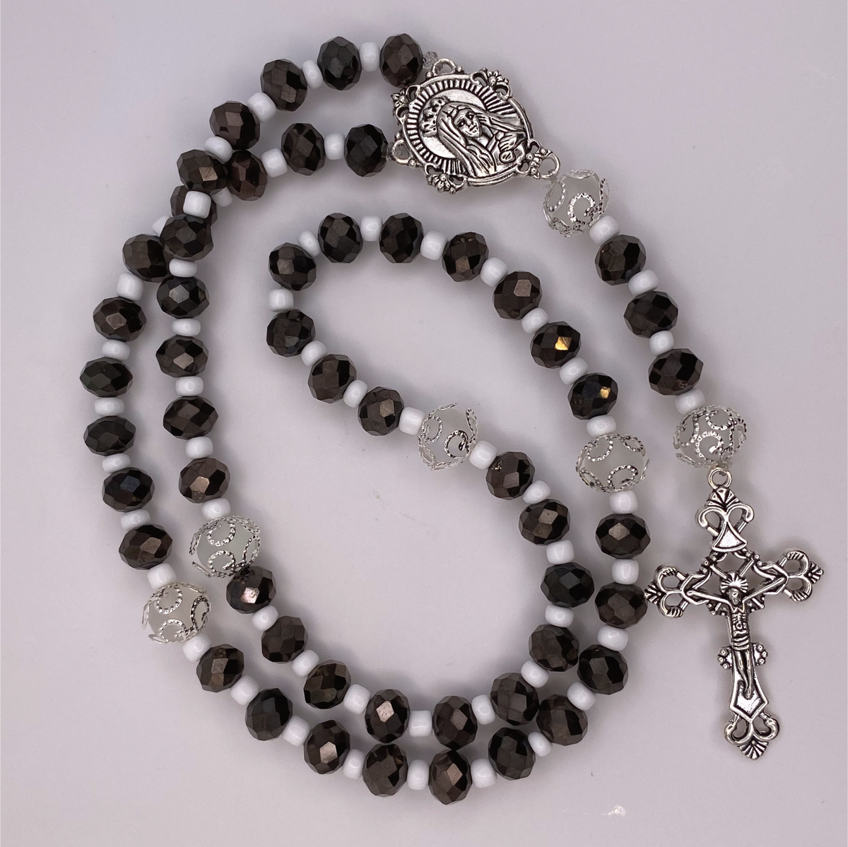 Black Faceted White Spacers Full 5 Decade Silver Rosary