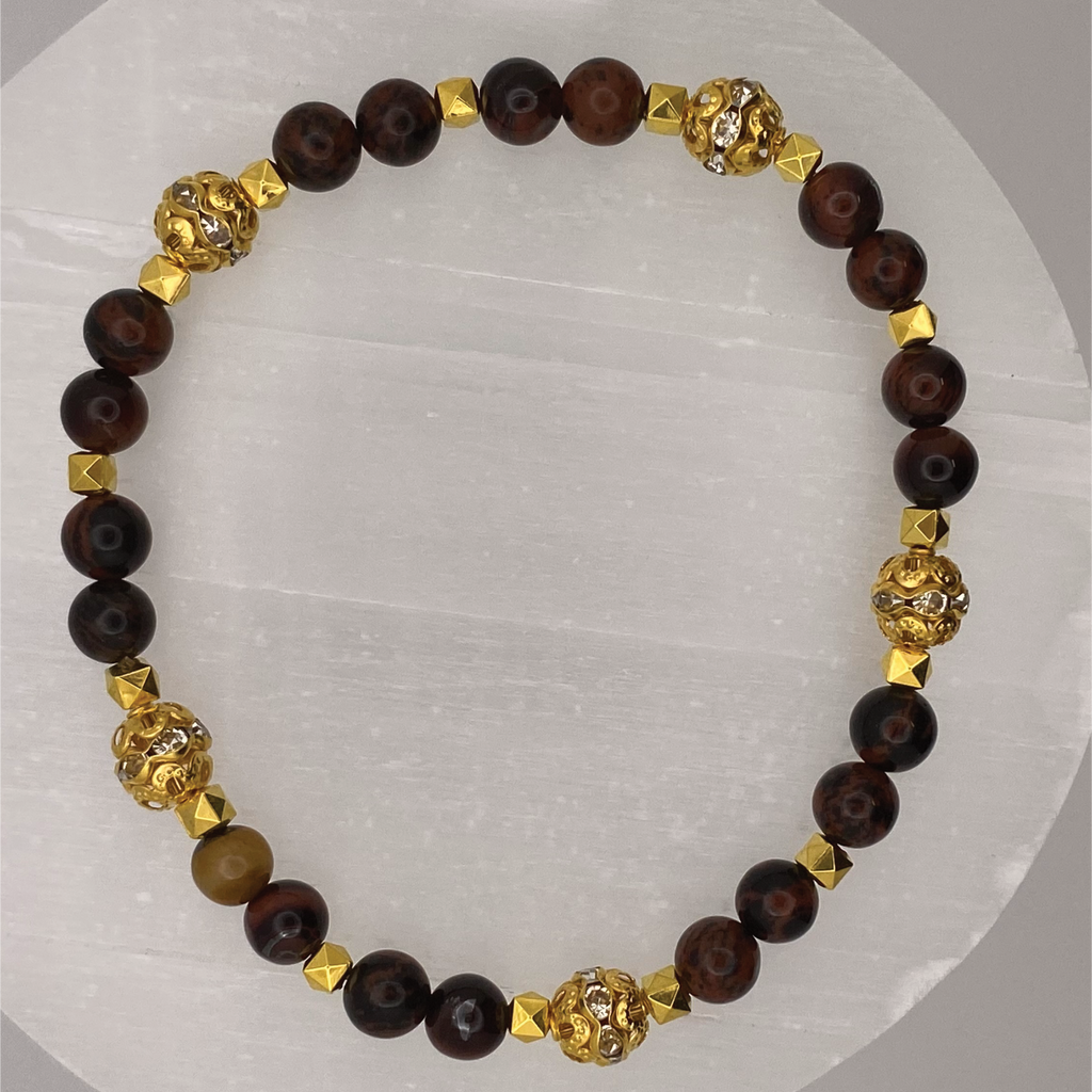 Pulsera de obsidiana caoba con espaciadores dorados