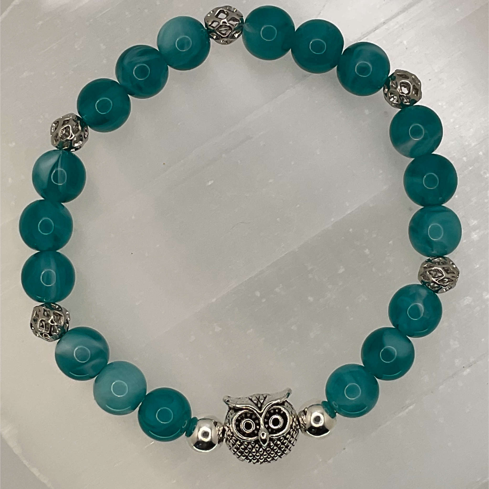 Teal Dragon Vein Agate Owl Charm Bracelet with Silver Spacers