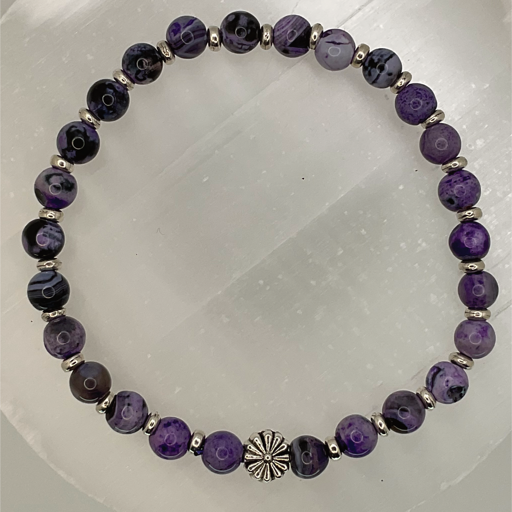 Purple Dragon Vein Agate Flower Charm Bracelet with Tiny Silver Spacers