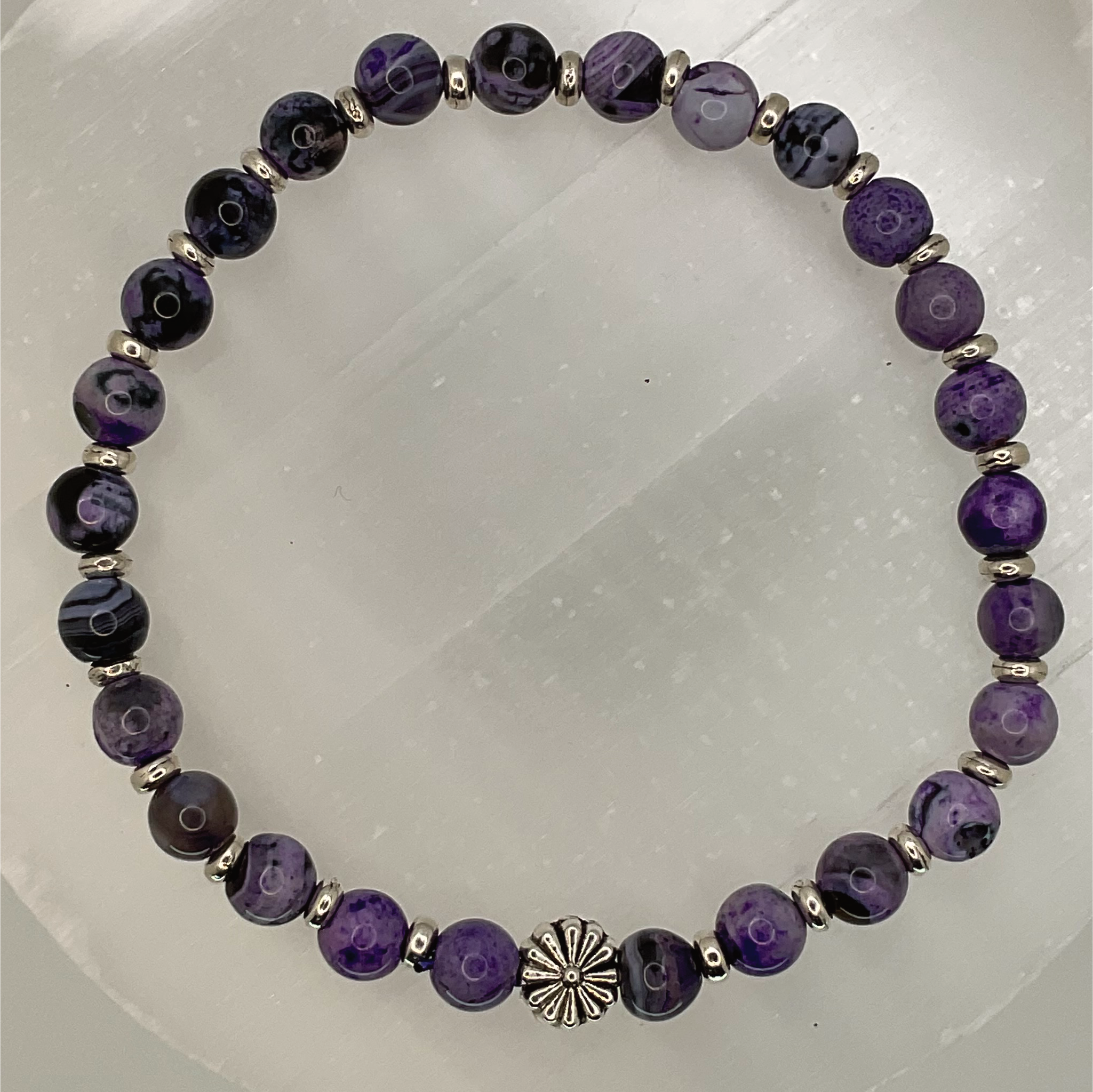 Purple Dragon Vein Agate Flower Charm Bracelet with Tiny Silver Spacers