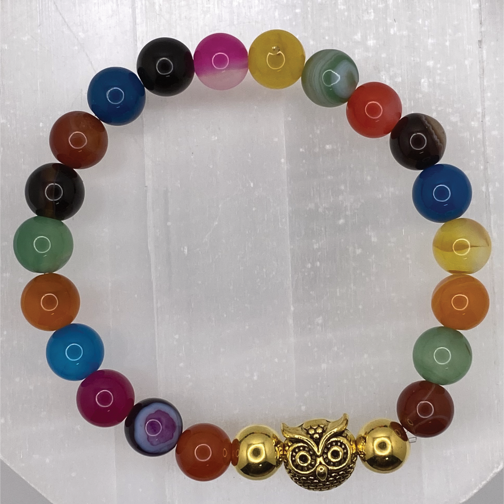 Multicolored Dragon Vein Agate Owl Charm Bracelet with Gold Tone Spacers