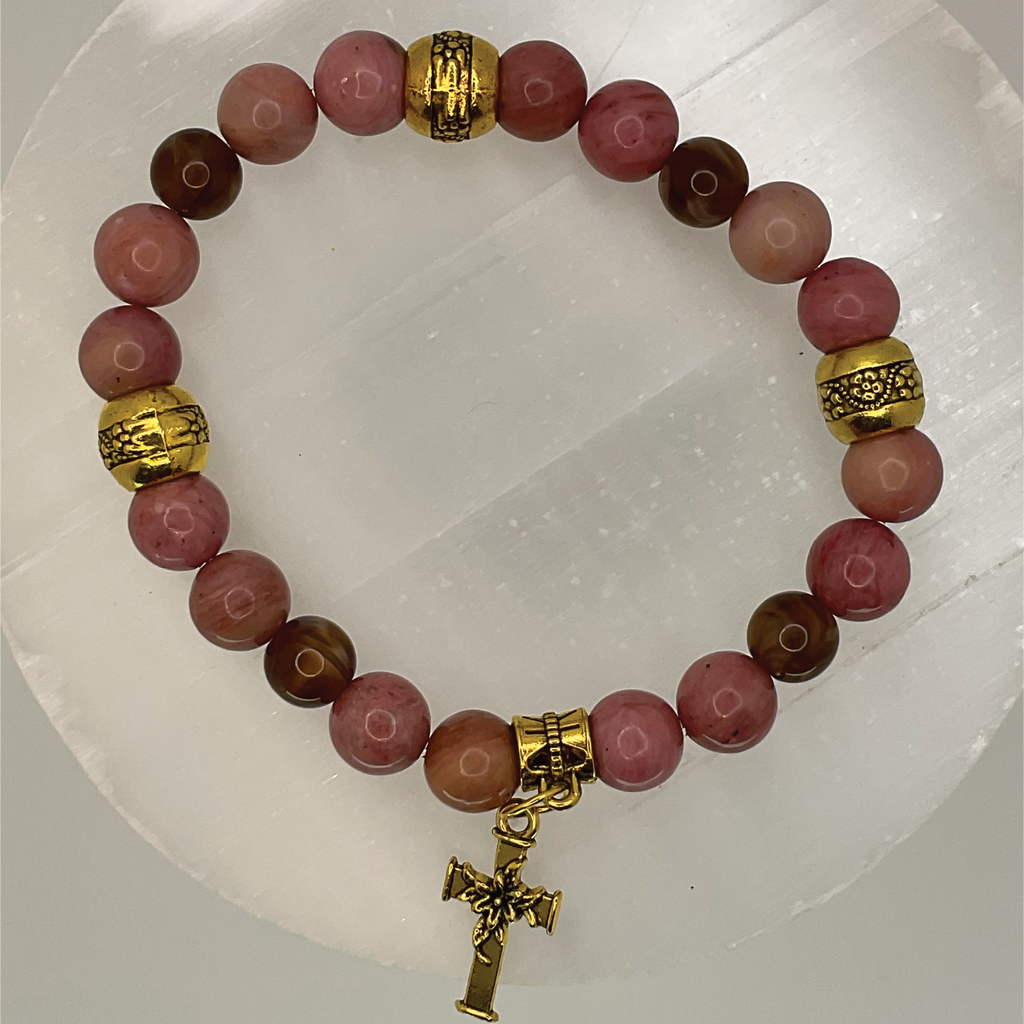 Pink Opal Holy Cross Charm Bracelet with Gold Spacers