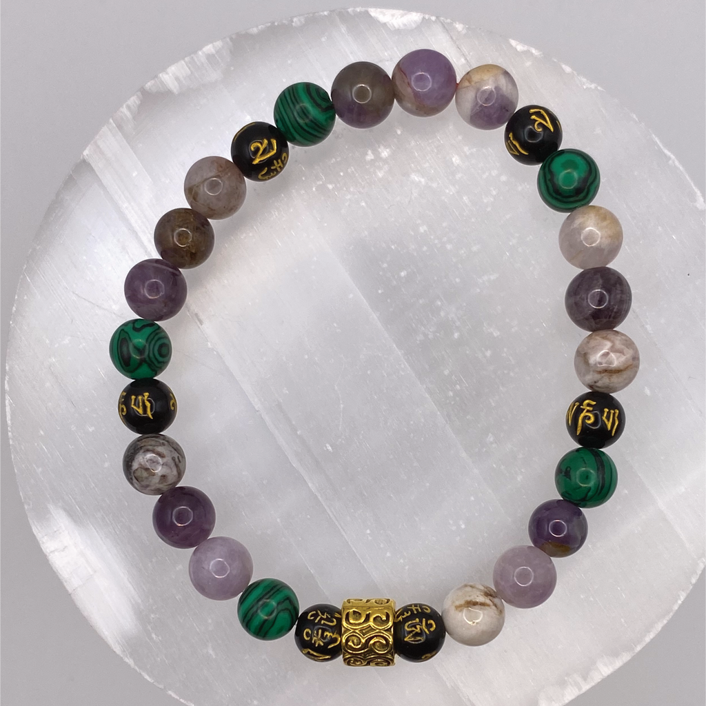 Malachite Amethyst Black Pixiu Bracelet with Gold Tone Barrel Spacer