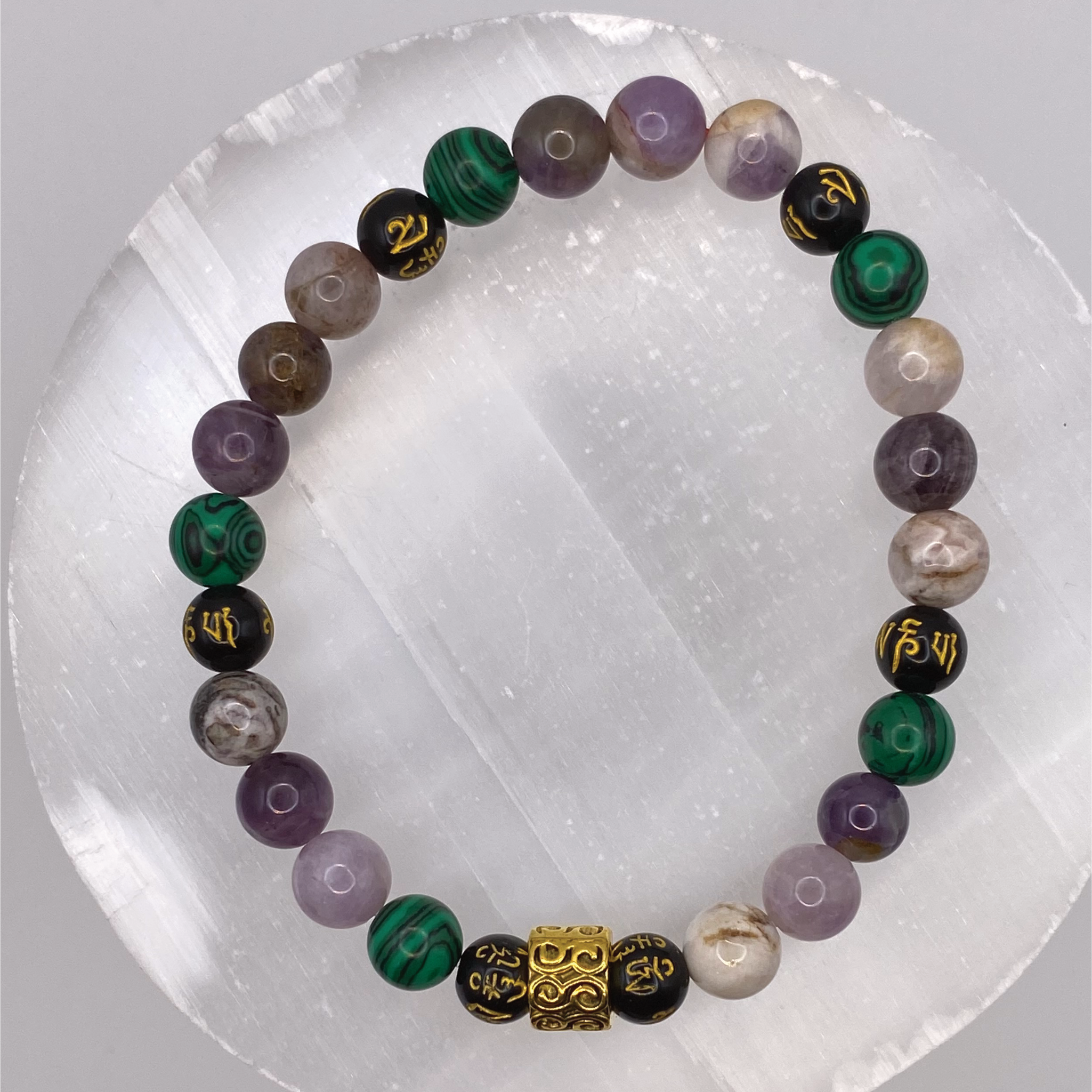 Malachite Amethyst Black Pixiu Bracelet with Gold Tone Barrel Spacer