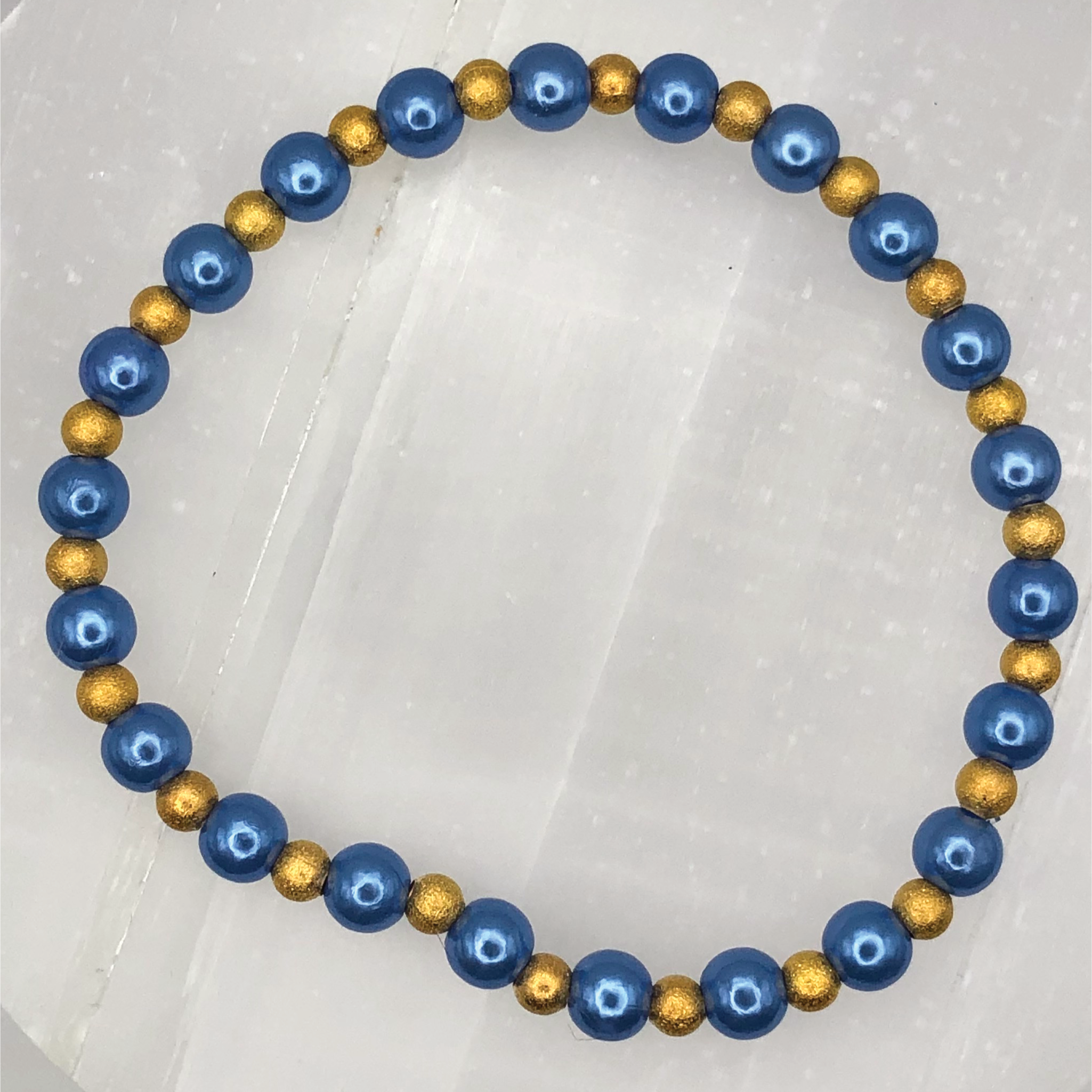 Blue Glass Bracelet with Tiny Gold Spacers