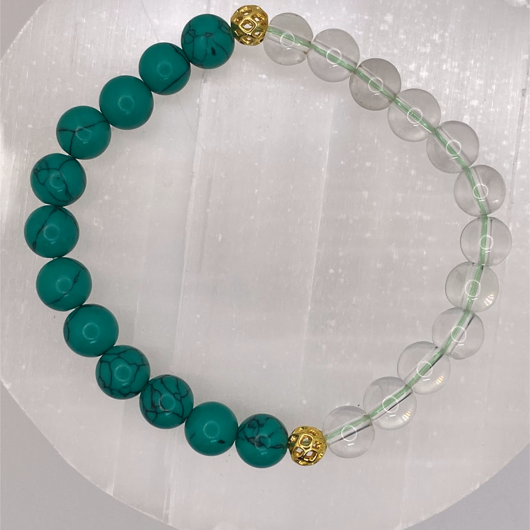 Green Howlite Clear Quartz Bracelet with Gold Spacers