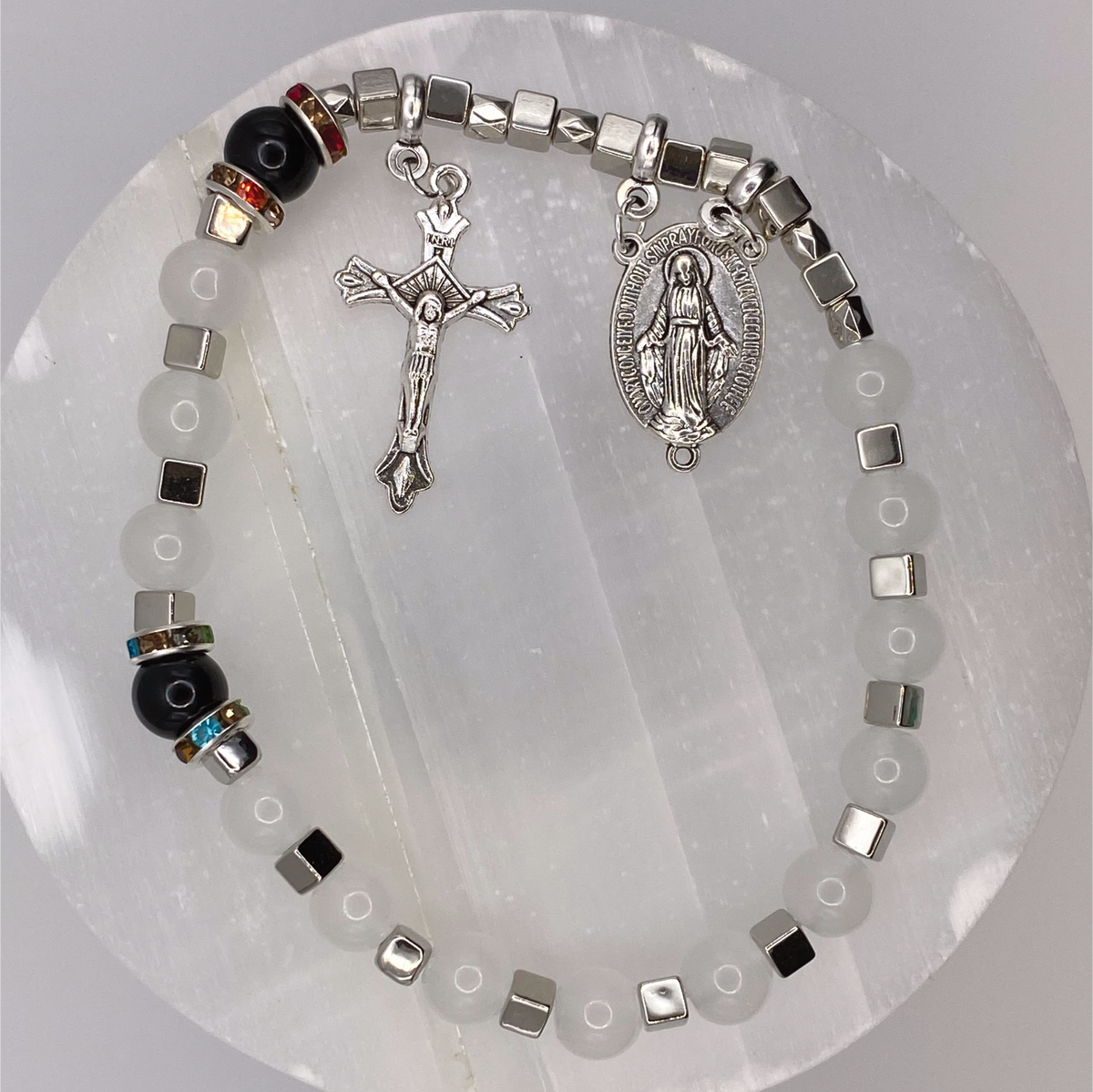 White Black 1 Decade Silver Rosary Bracelet
