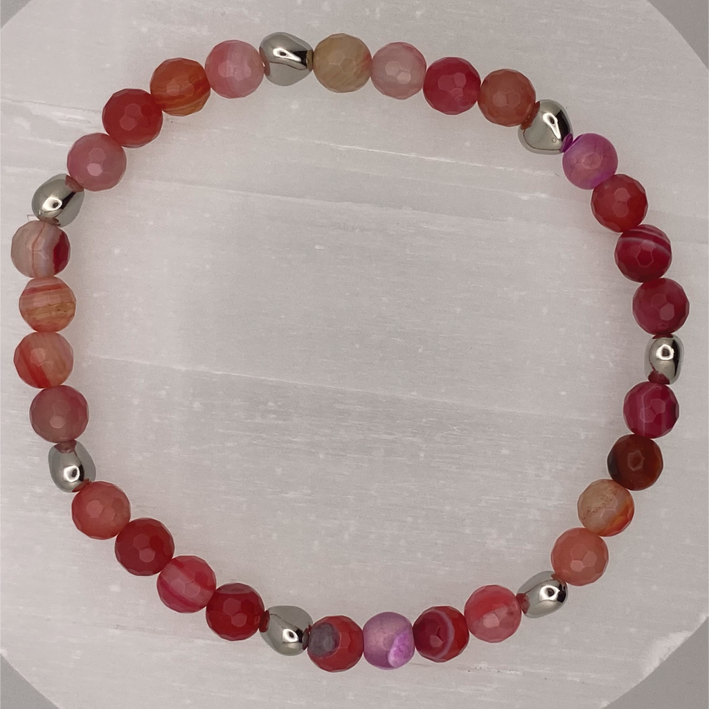 Pink Dragon Vein Agate Bracelet with Silver Heart Spacers