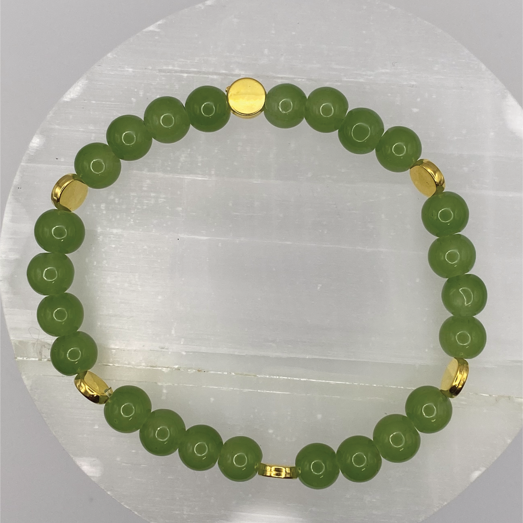 Green Glass Bracelet with Gold Disc Spacers