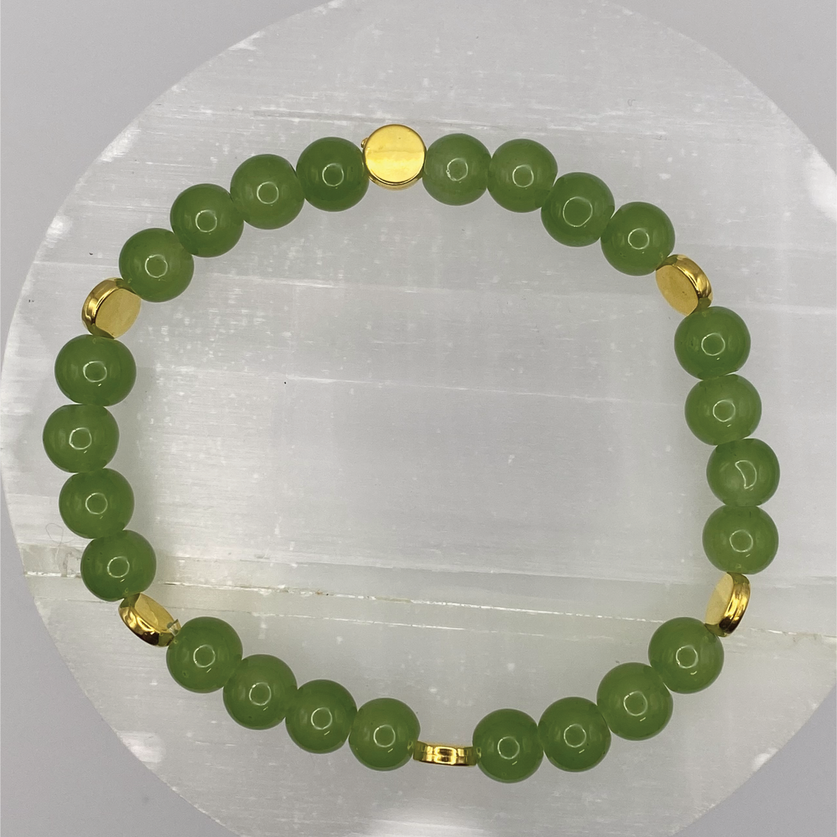 Green Glass Bracelet with Gold Disc Spacers
