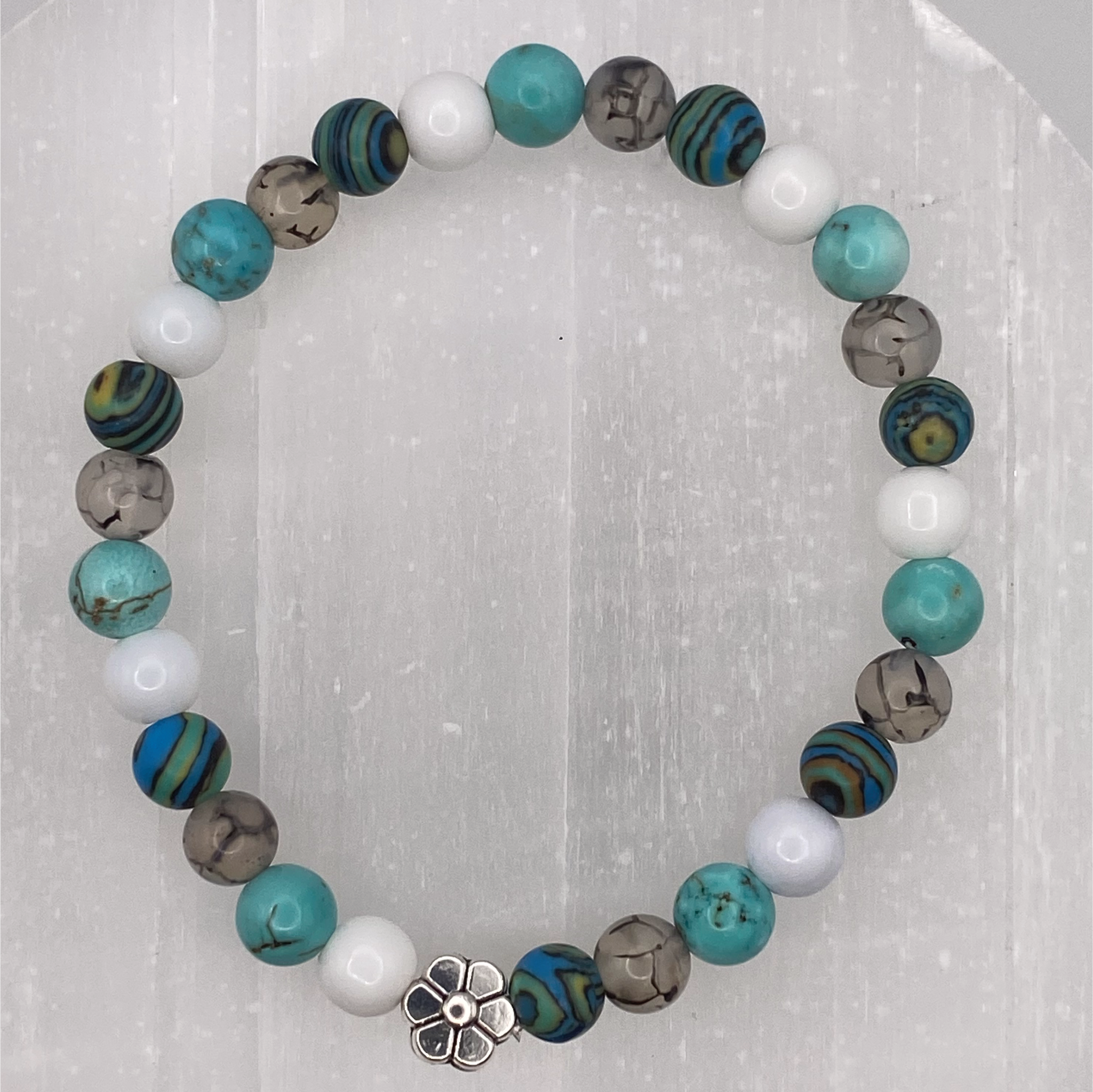 15 cm (5.9") Opalite Challaica Magnesite Silver Flower Bracelet