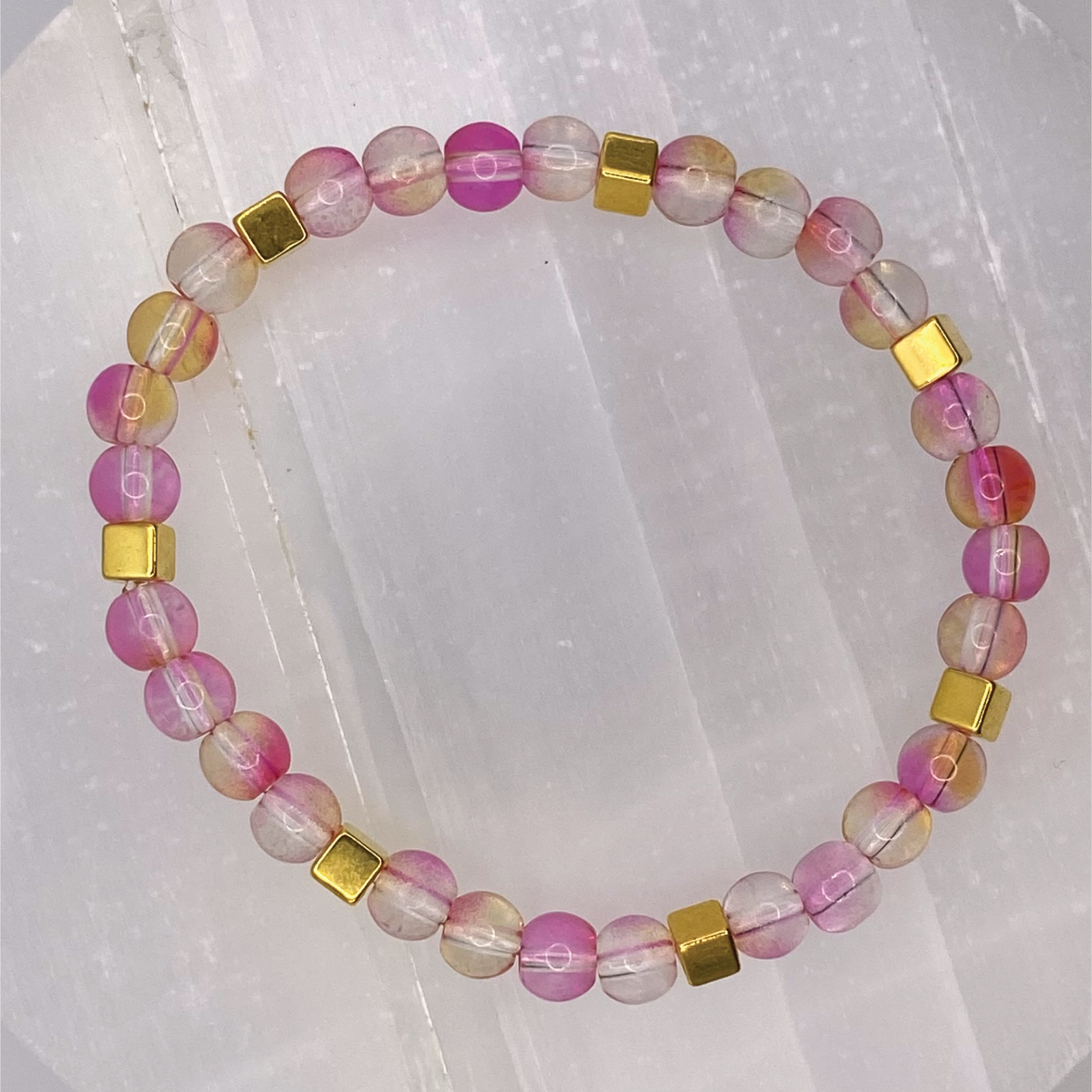 Yellow Pink Clear Glass Bracelet with Gold Square Spacers