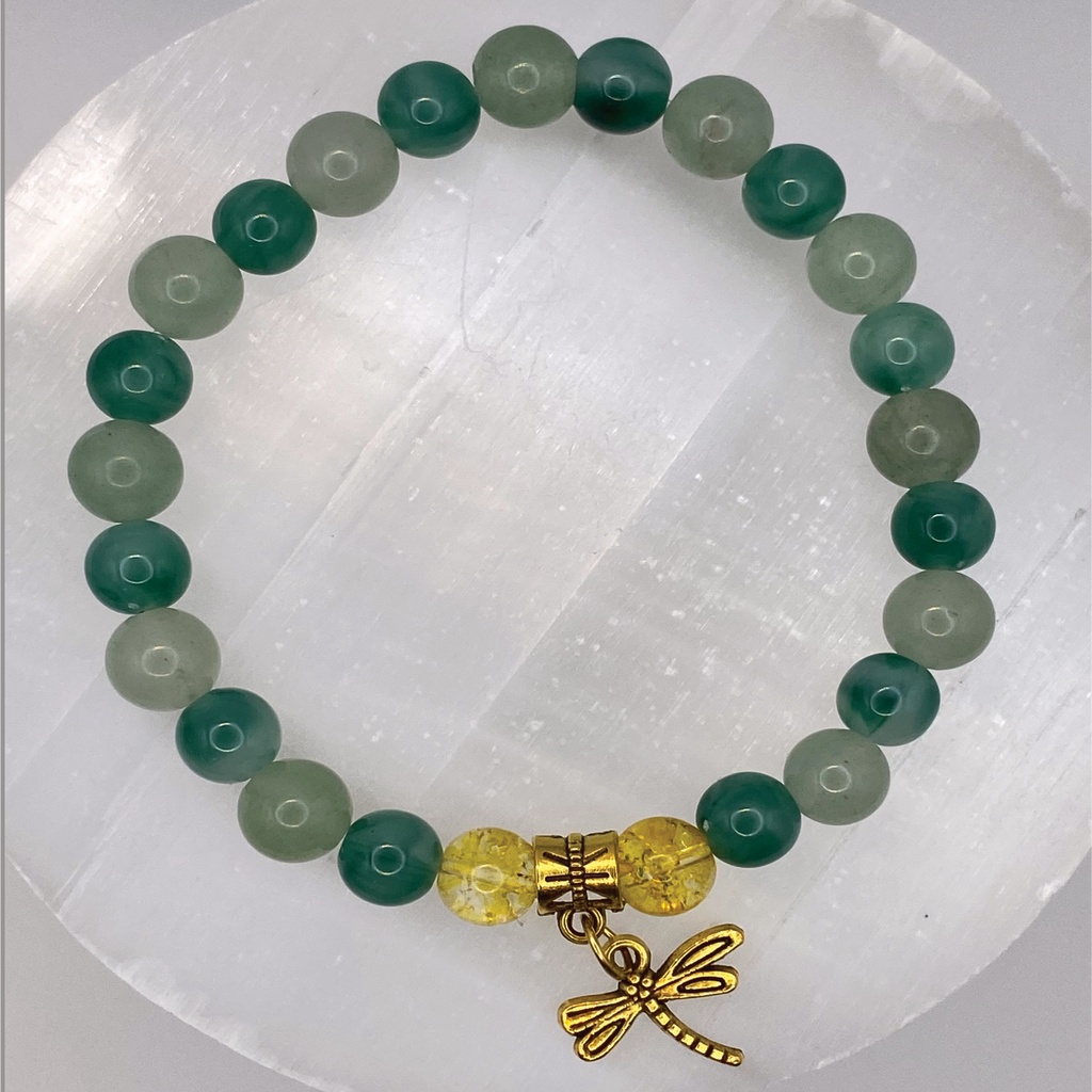 Green Chalcedony Amber Dragonfly Charm Bracelet