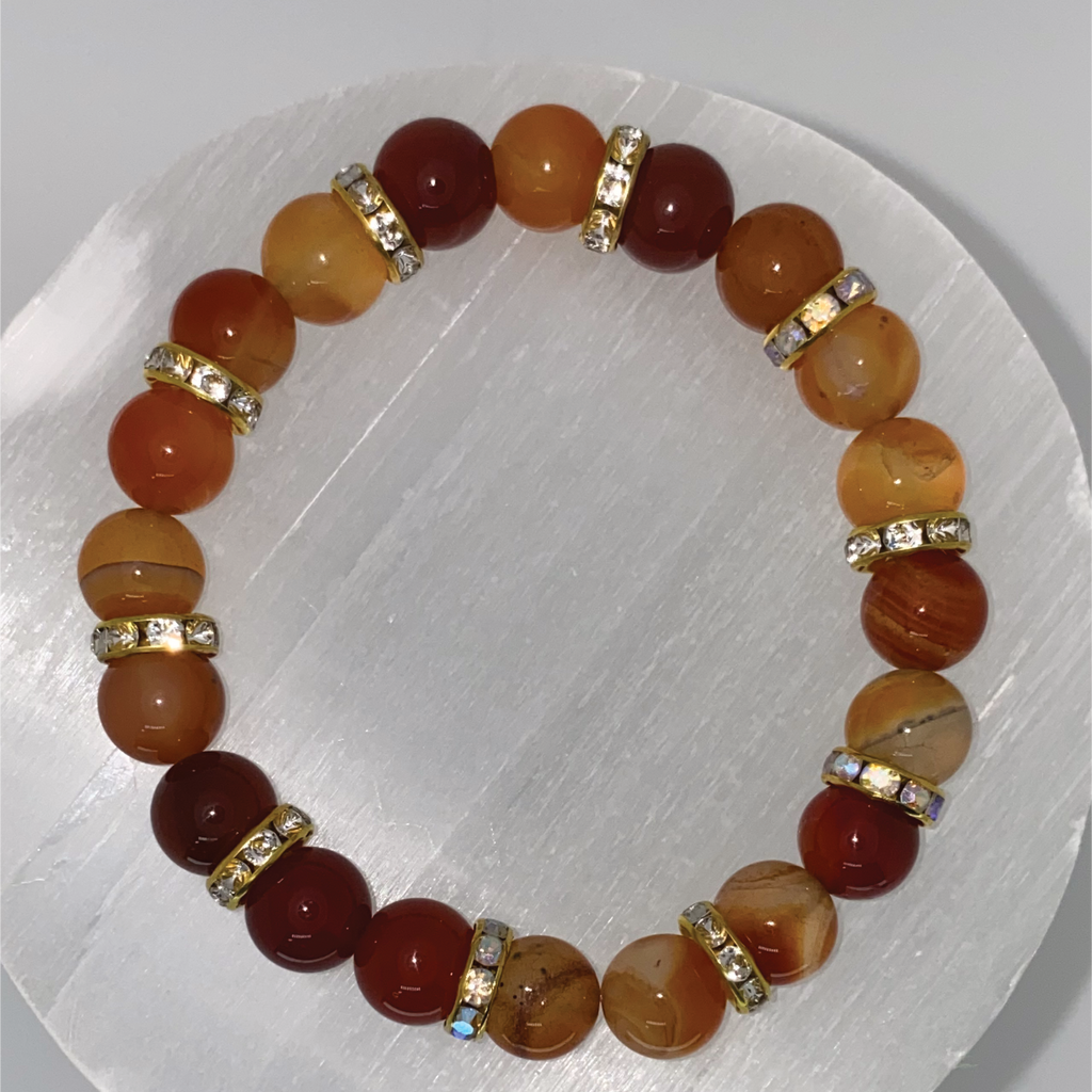 Carnelian Agate Bracelet with Gold White Crystal Spacers