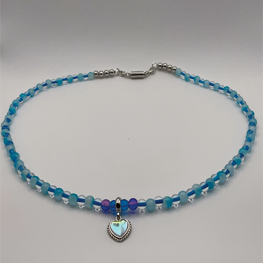 22" Clear Multi-Blue Crystal Heart Charm Glass Necklace