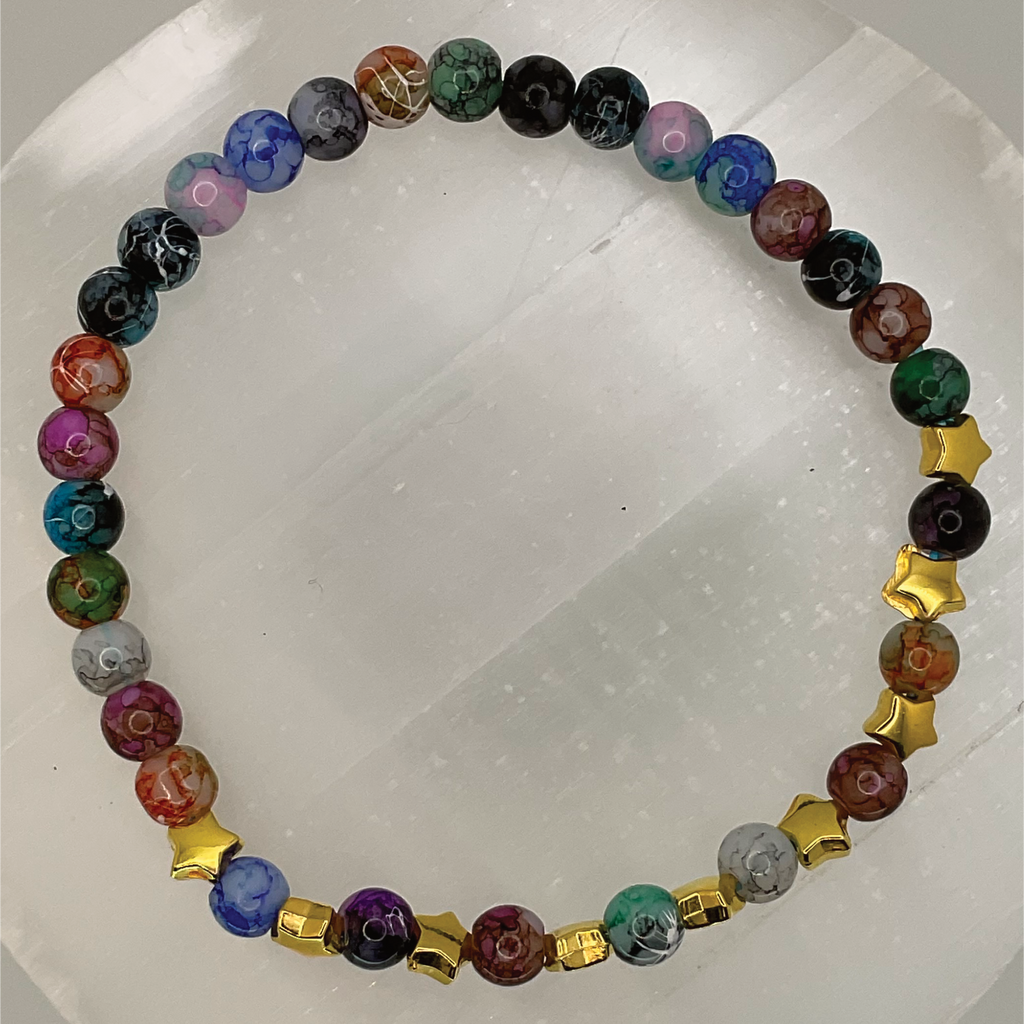 Multicolored Dragon Vein Agate Bracelet with Gold Star Spacers