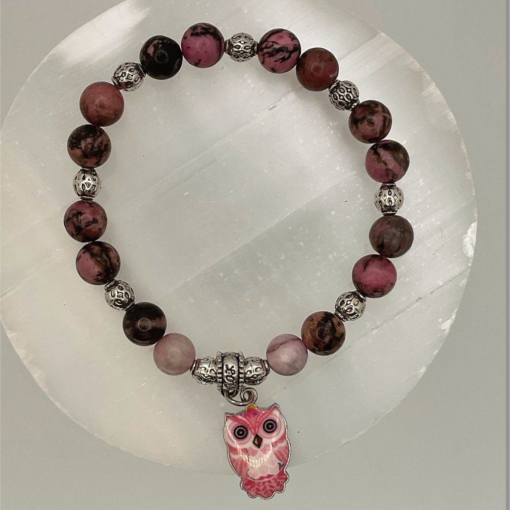 Rhodonite Owl Charm Bracelet with Silver Spacers