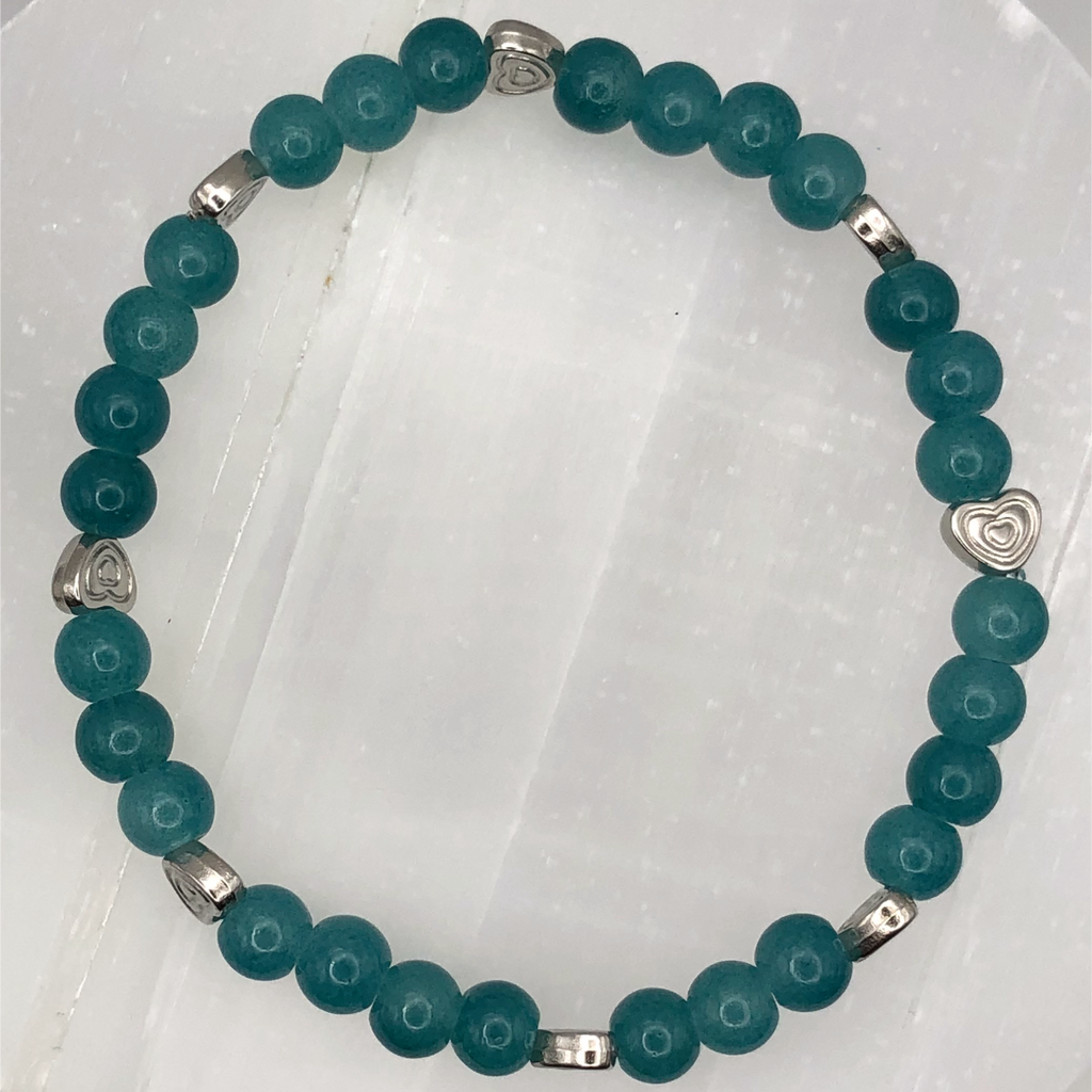 Teal Glass Bracelet with Silver Heart Spacers