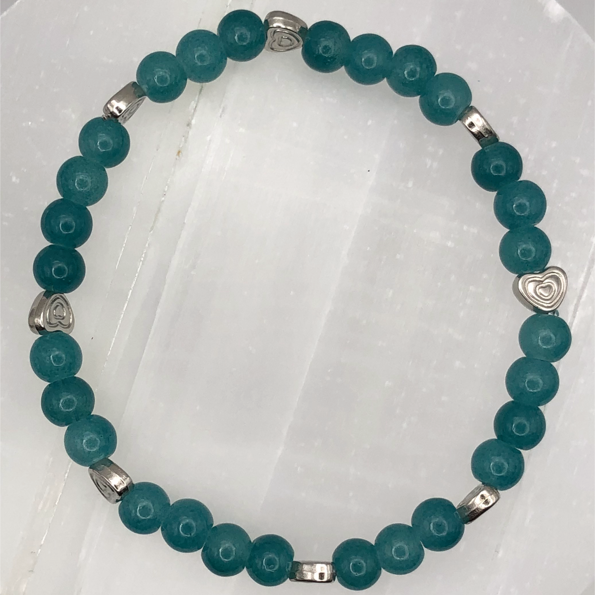 Teal Glass Bracelet with Silver Heart Spacers