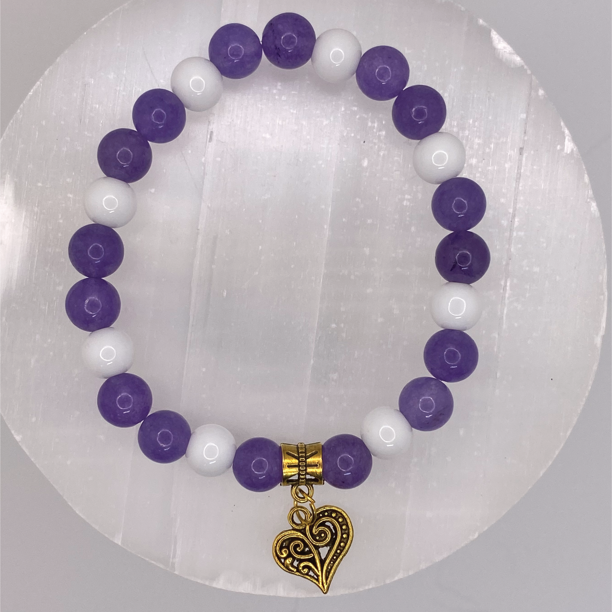 Milky Quartz Amethyst Heart Charm Bracelet