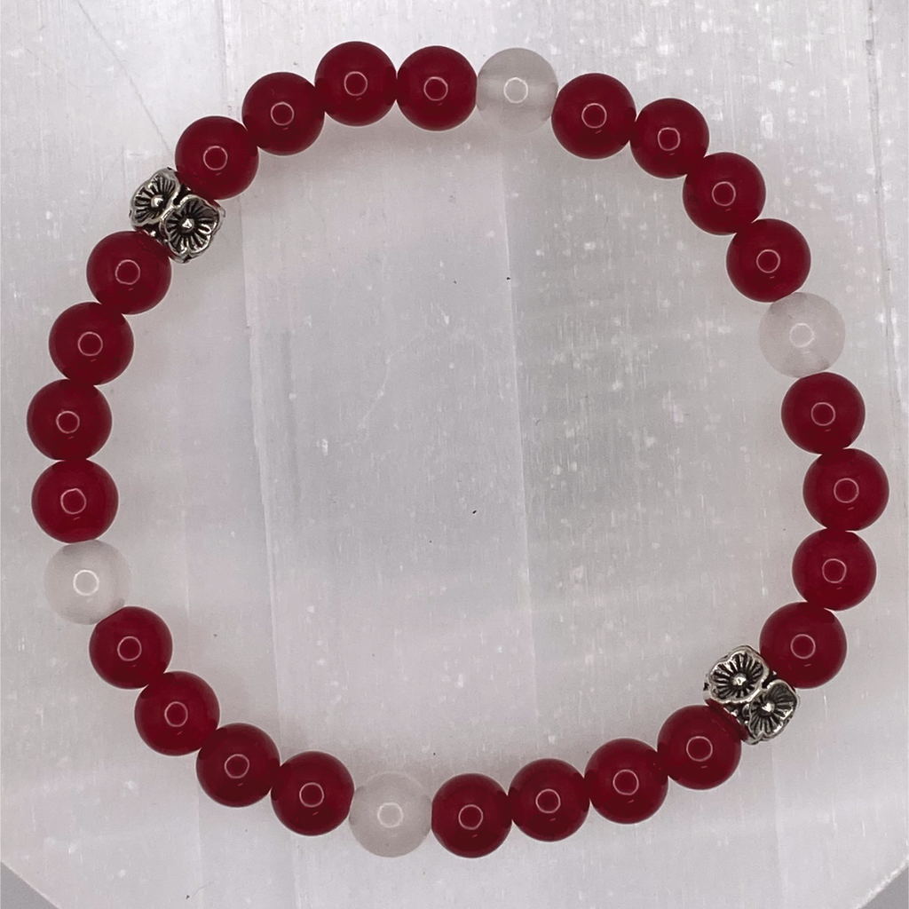 Almandine Garnet Milky Quartz Bracelet with Silver Tone Spacers