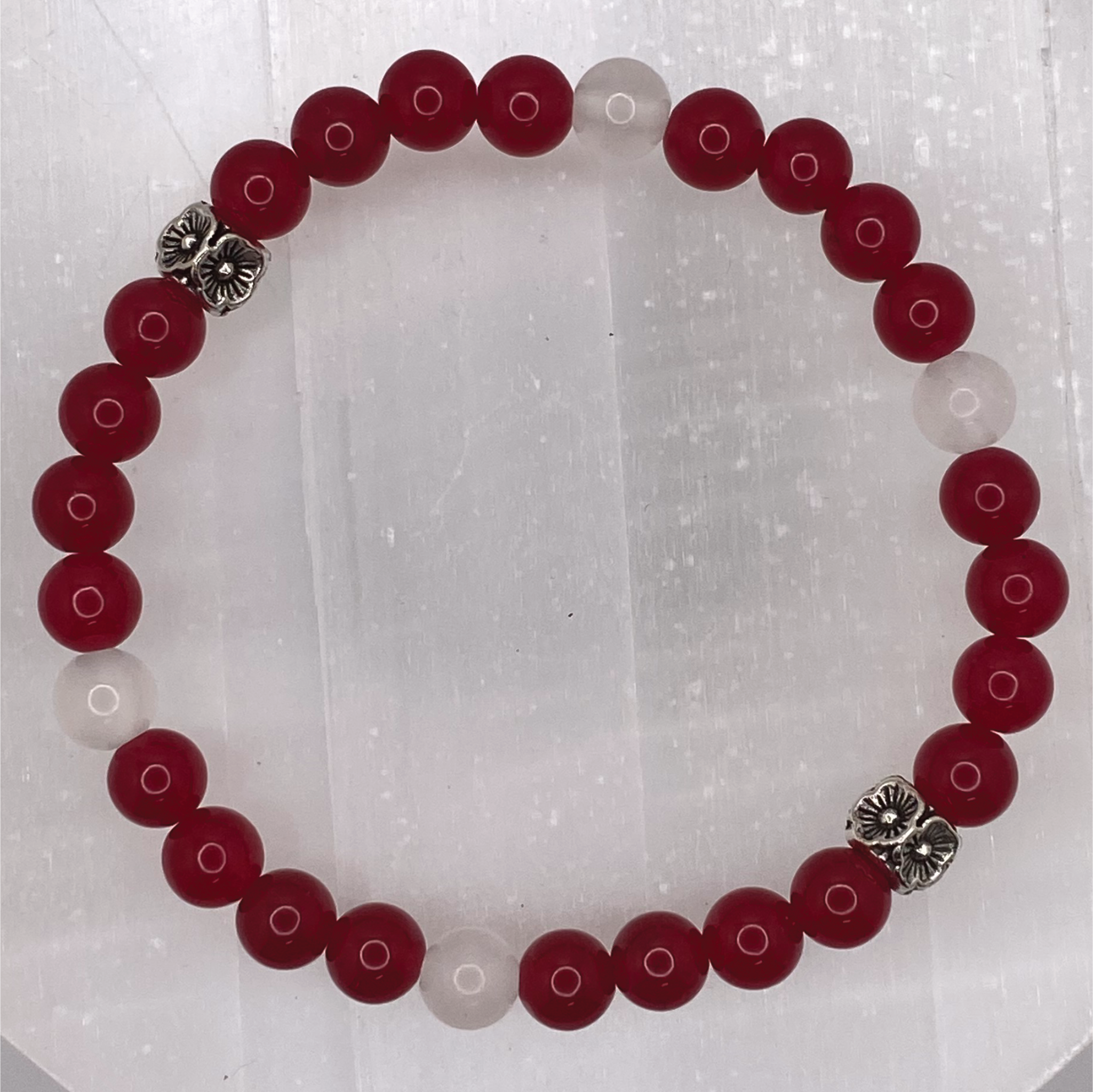 Almandine Garnet Milky Quartz Bracelet with Silver Tone Spacers