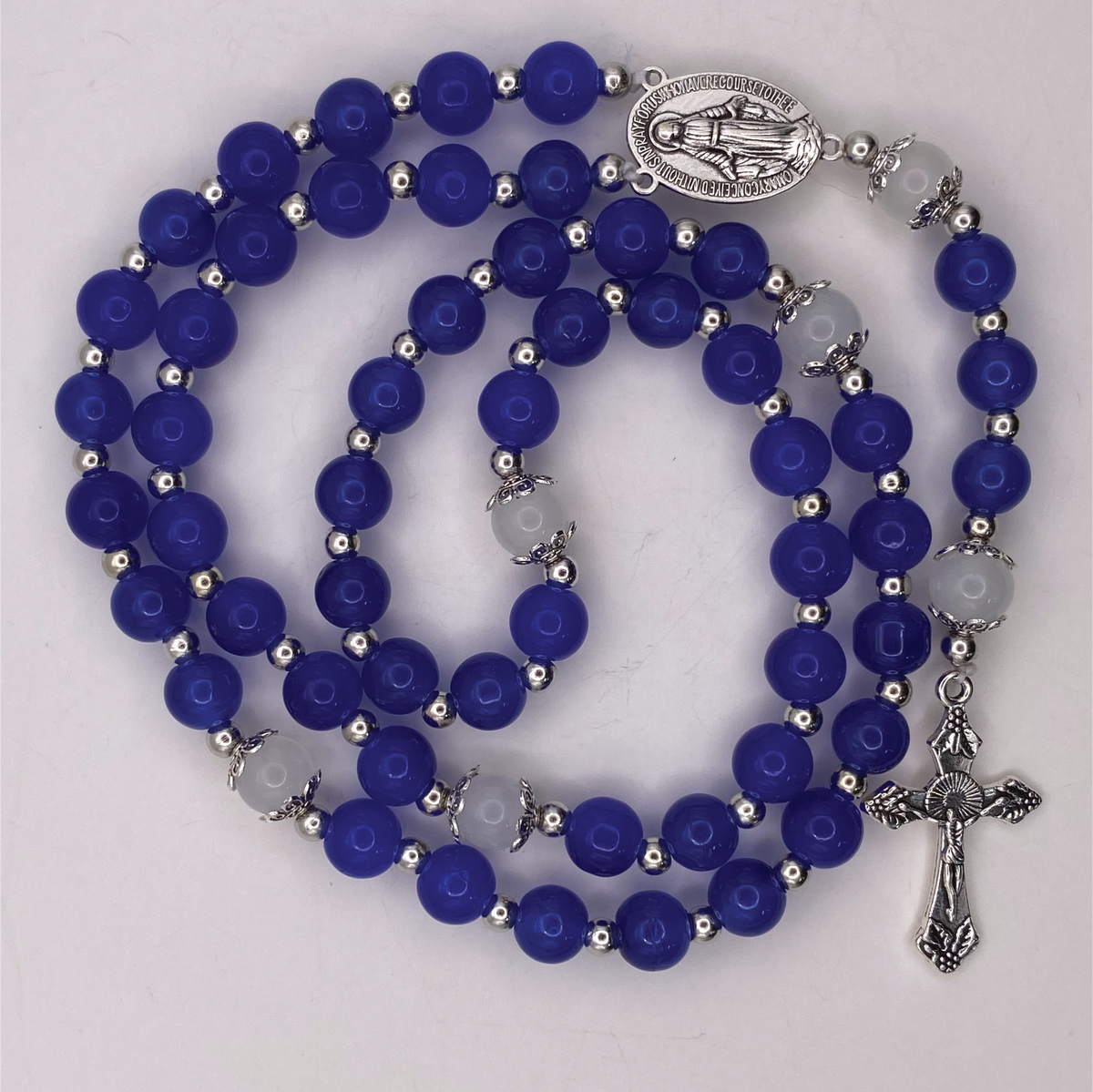 Cobalt Blue White Full 5 Decade Silver Rosary