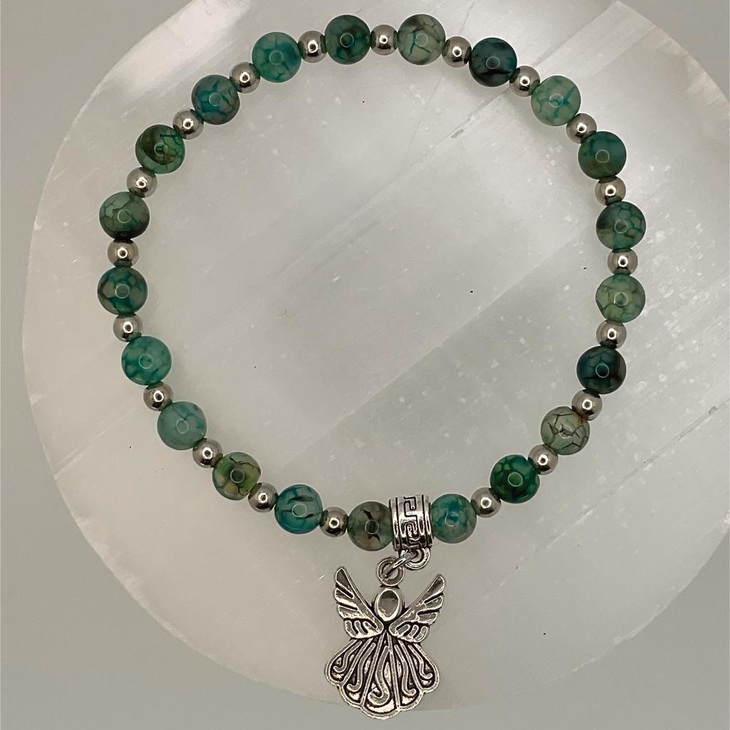 Green Dragon Vein Agate Angel Charm Bracelet with Tiny Silver Spacers