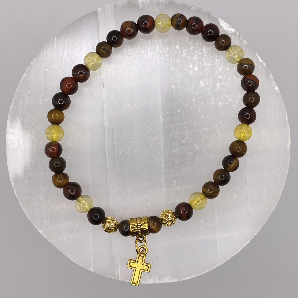 Tiger's Eye Citrine Cross Charm Bracelet with Gold Tone Spacers