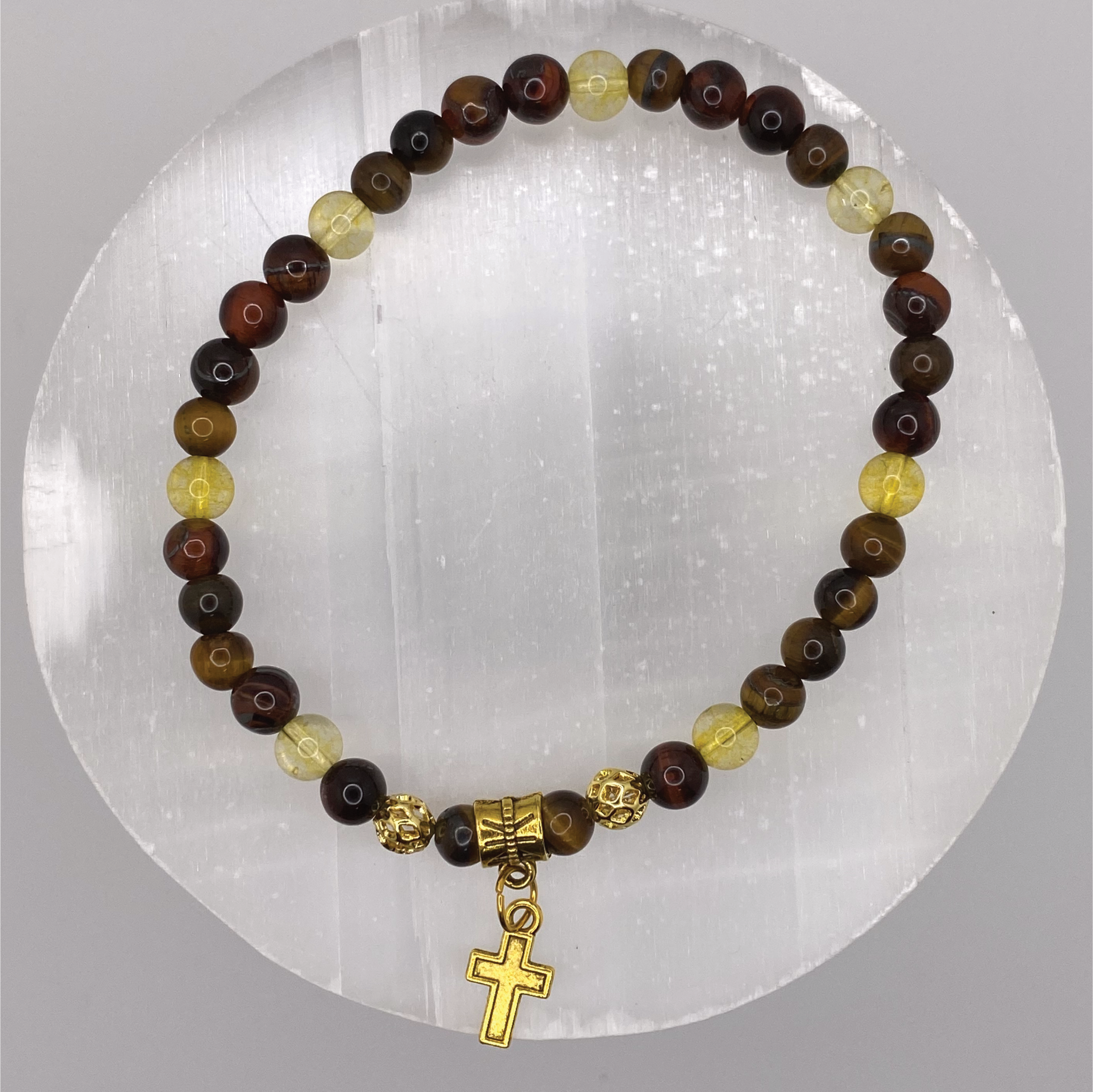 Tiger's Eye Citrine Cross Charm Bracelet with Gold Tone Spacers