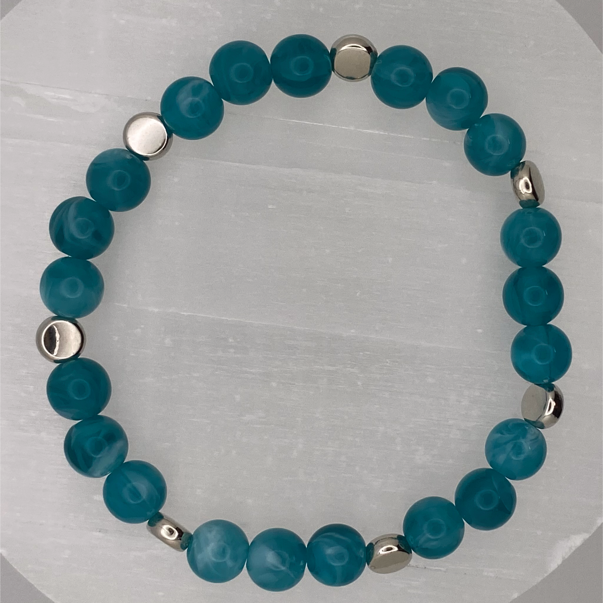 Pulsera de ágata Veta de Dragón Verde Azulado con separadores de plata