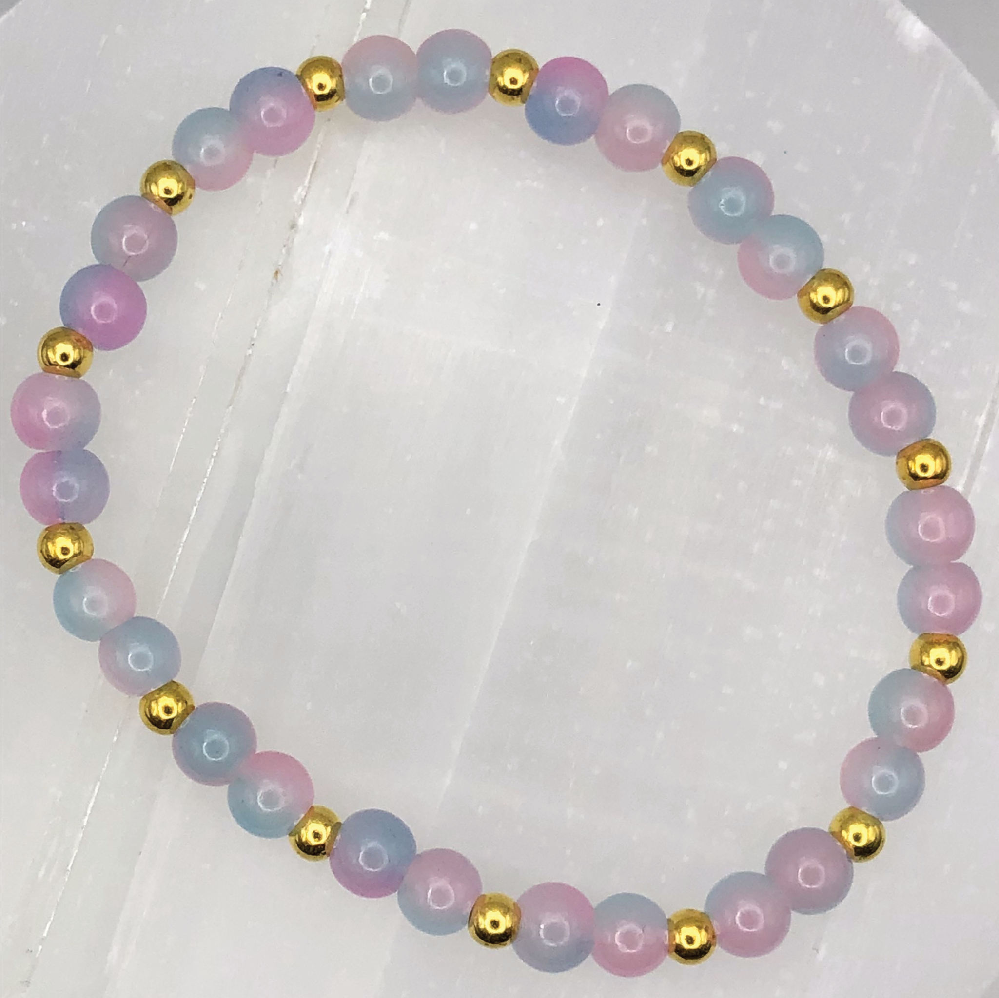 Blue Pink Glass Bracelet with Gold Spacers