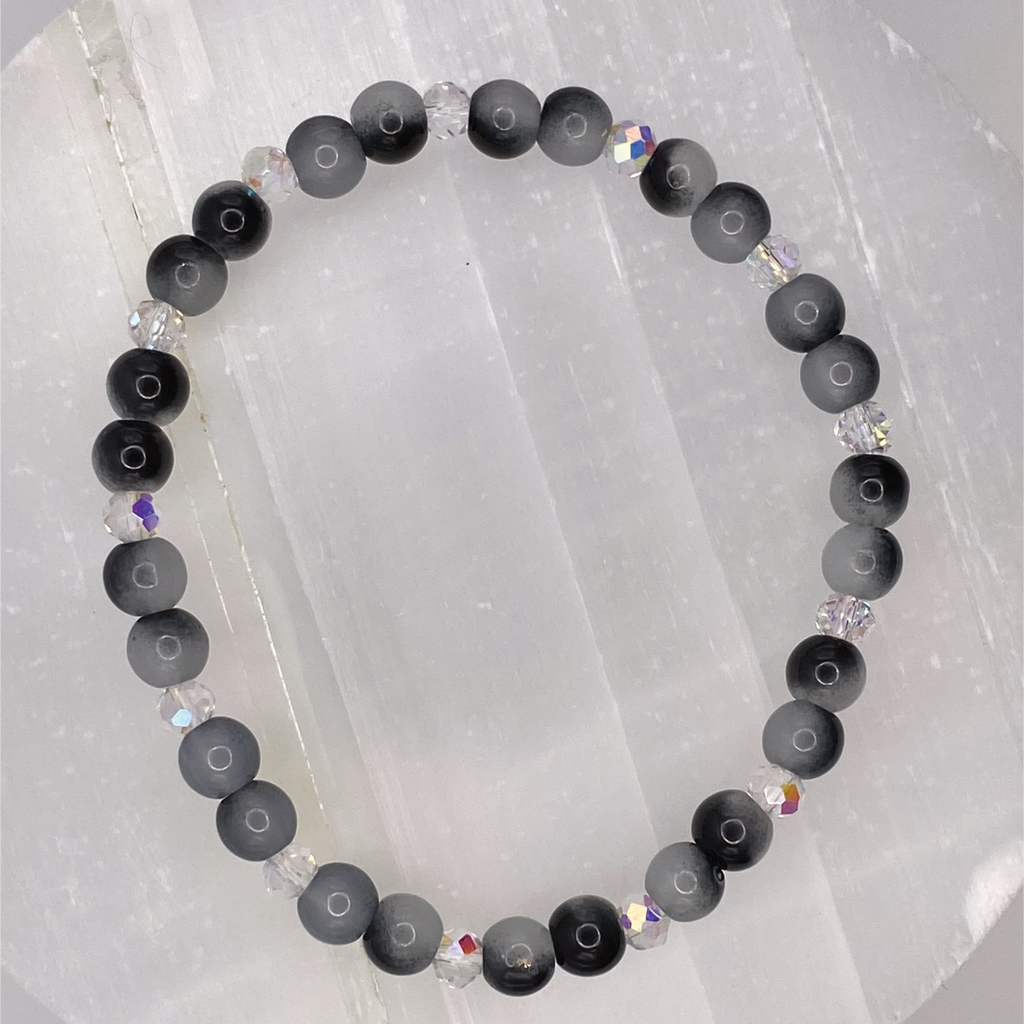 Grey Black Glass Bracelet with Crystal Spacers