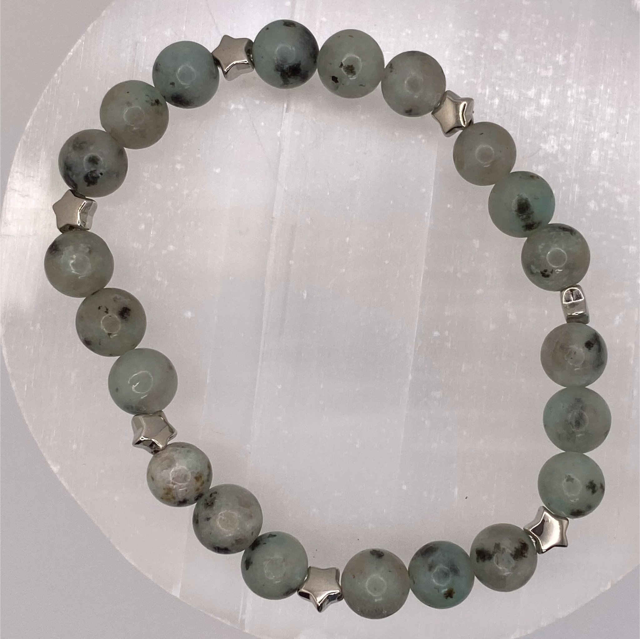 Kiwi Stone Bracelet with Silver Star Spacers
