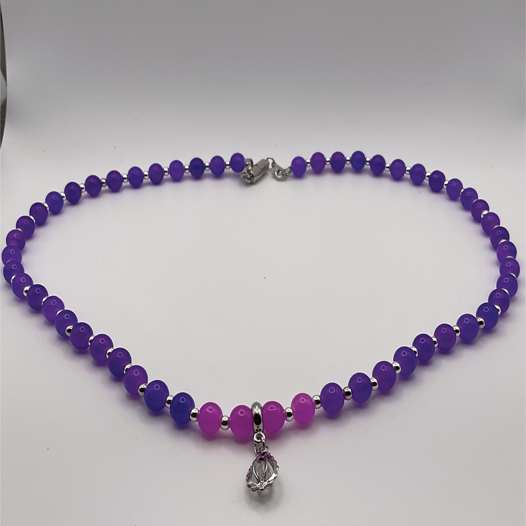 Collar de cristal con dije de jaula rosa púrpura de 22" con separadores plateados