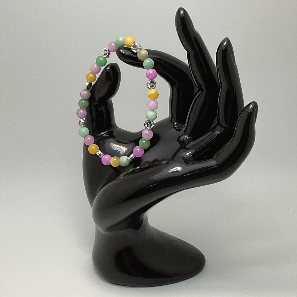 Pulsera de Jaspe Mookaita, Jadeíta y Calcedonia Verde con Separadores de Flores de Plata