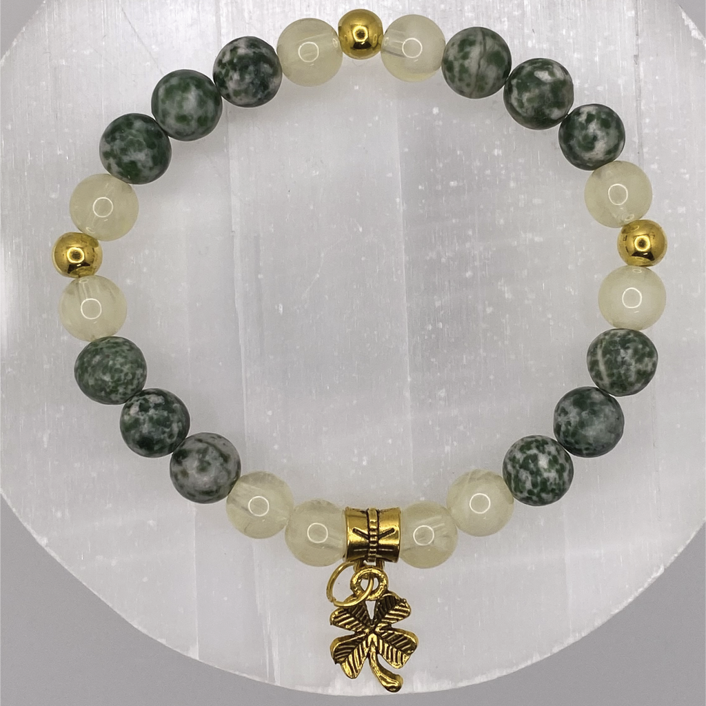 Tree Agate Citrine Shamrock Charm Bracelet with Gold Tone Spacers