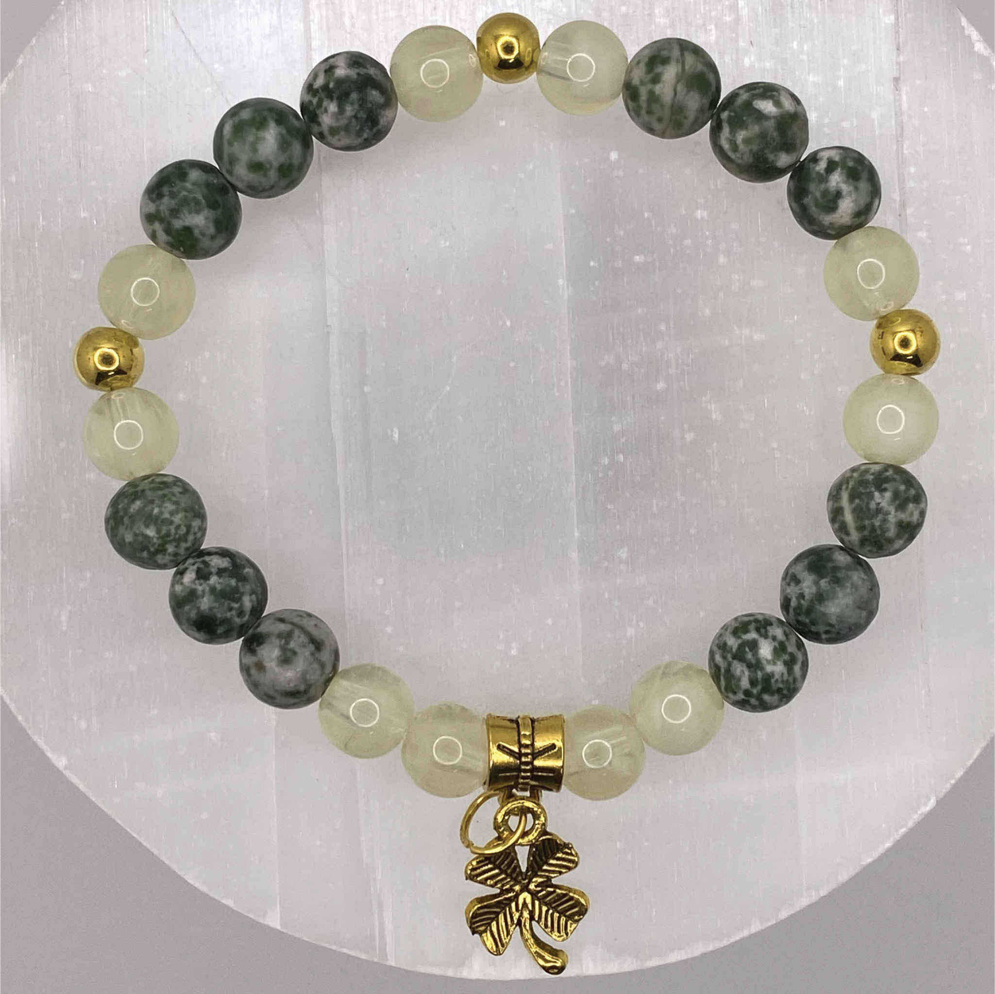 Tree Agate Citrine Shamrock Charm Bracelet with Gold Tone Spacers